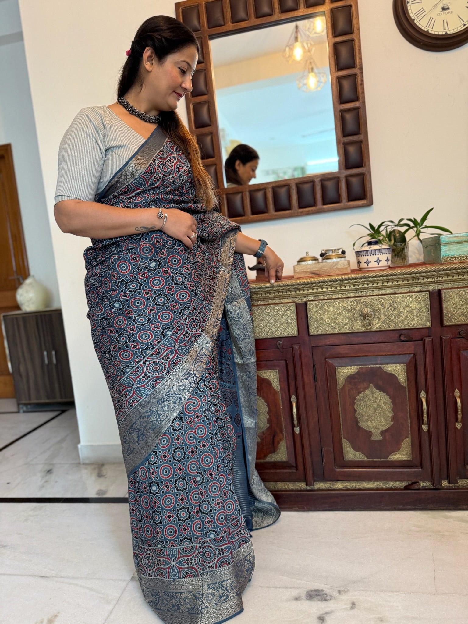 Slate Blue Hand Block Ajrakh Dola Silk Saree