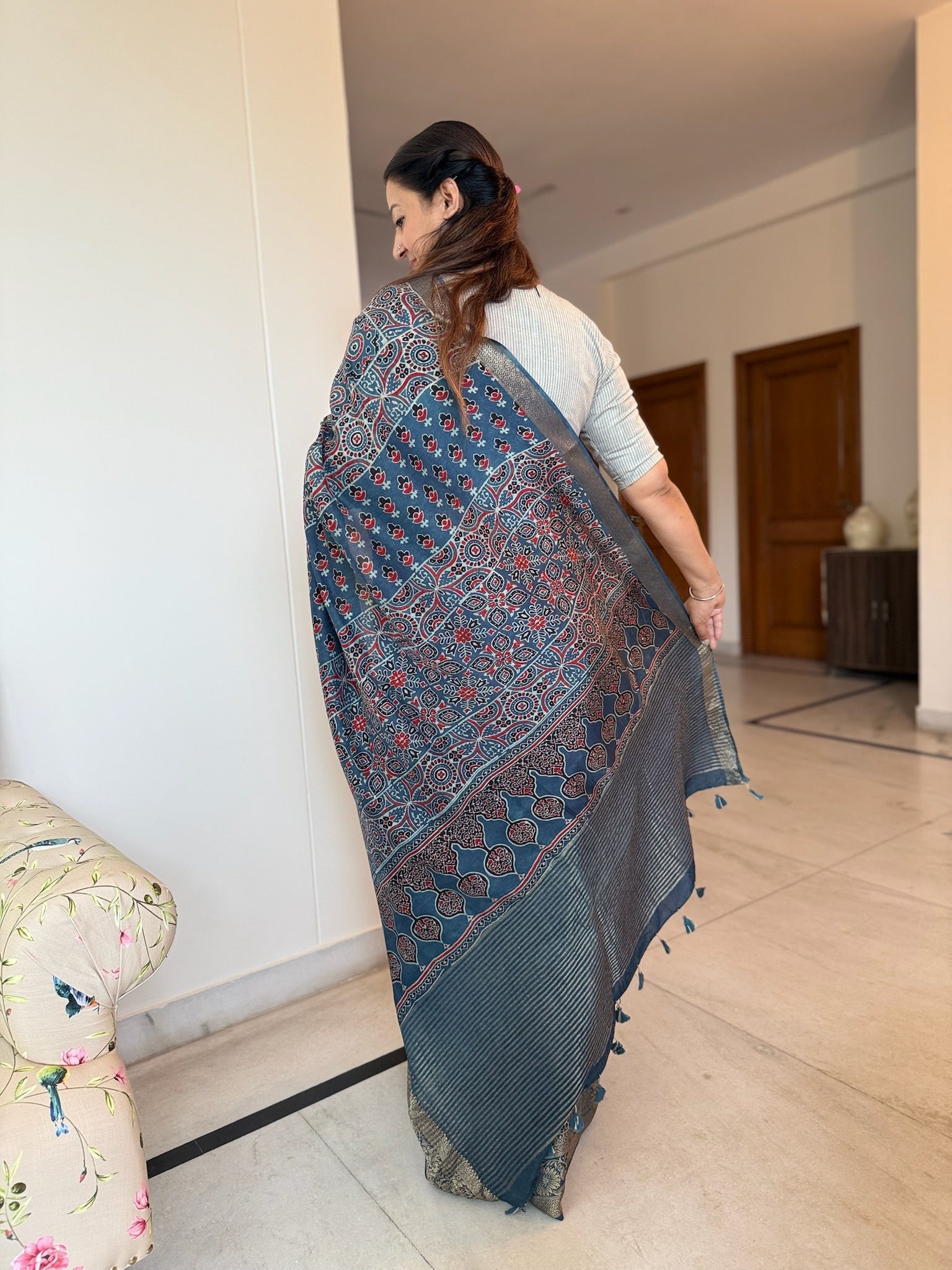 Slate Blue Hand Block Ajrakh Dola Silk Saree