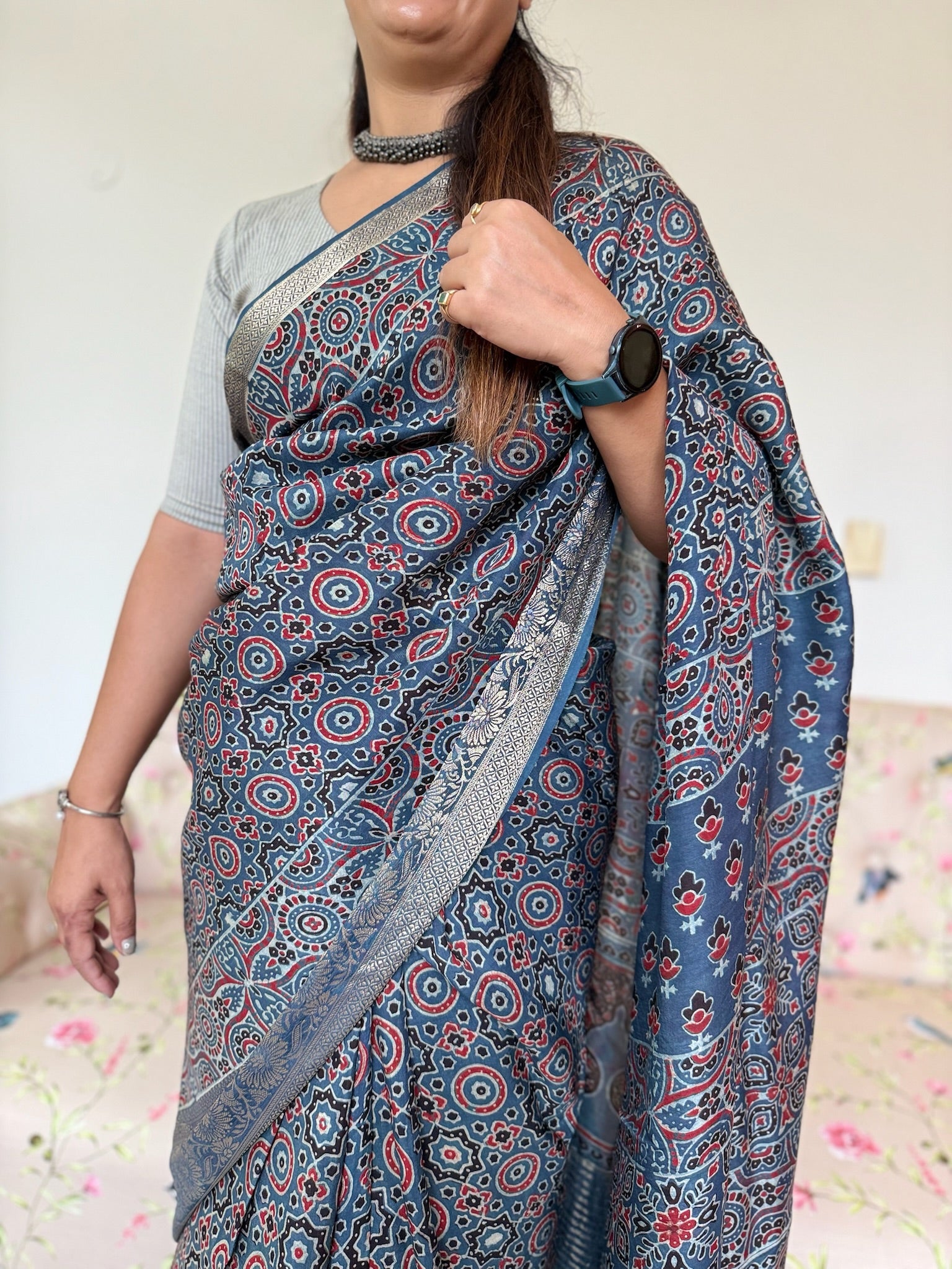 Slate Blue Hand Block Ajrakh Dola Silk Saree