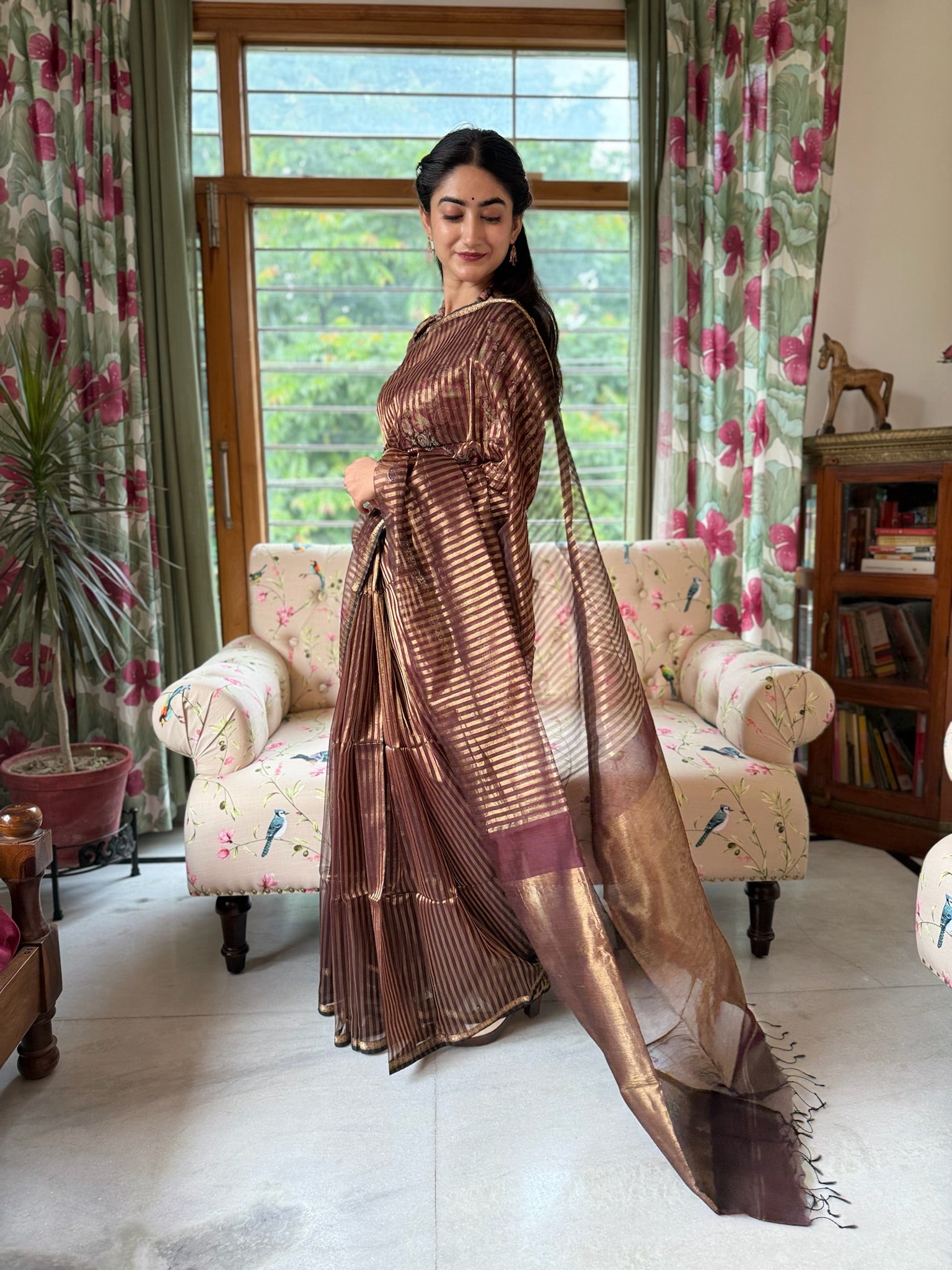 Brown Golden Cotton Silk Maheshwari Saree With Tissue Palla