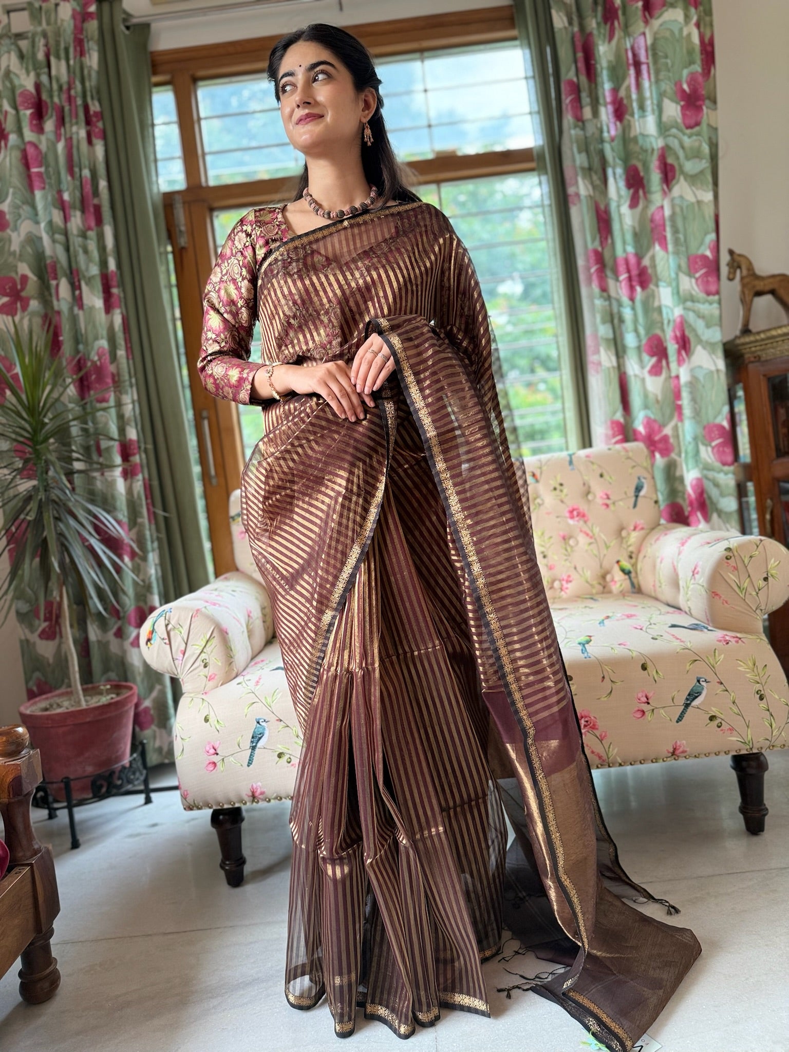 Brown Golden Cotton Silk Maheshwari Saree With Tissue Palla