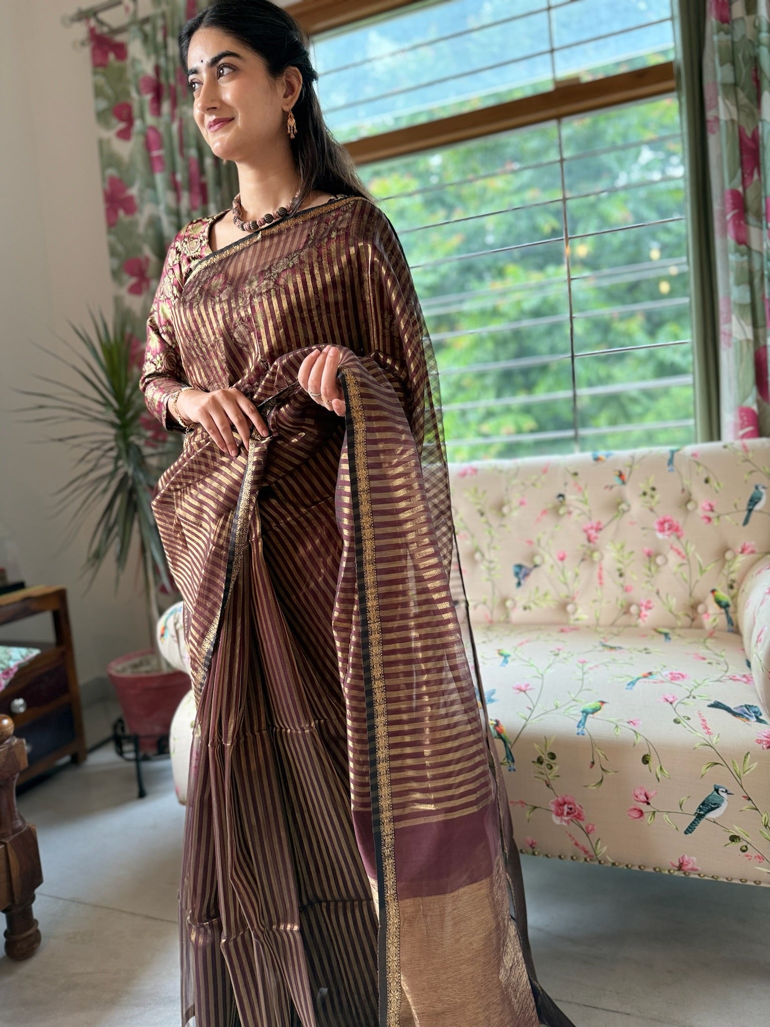 Brown Golden Cotton Silk Maheshwari Saree With Tissue Palla