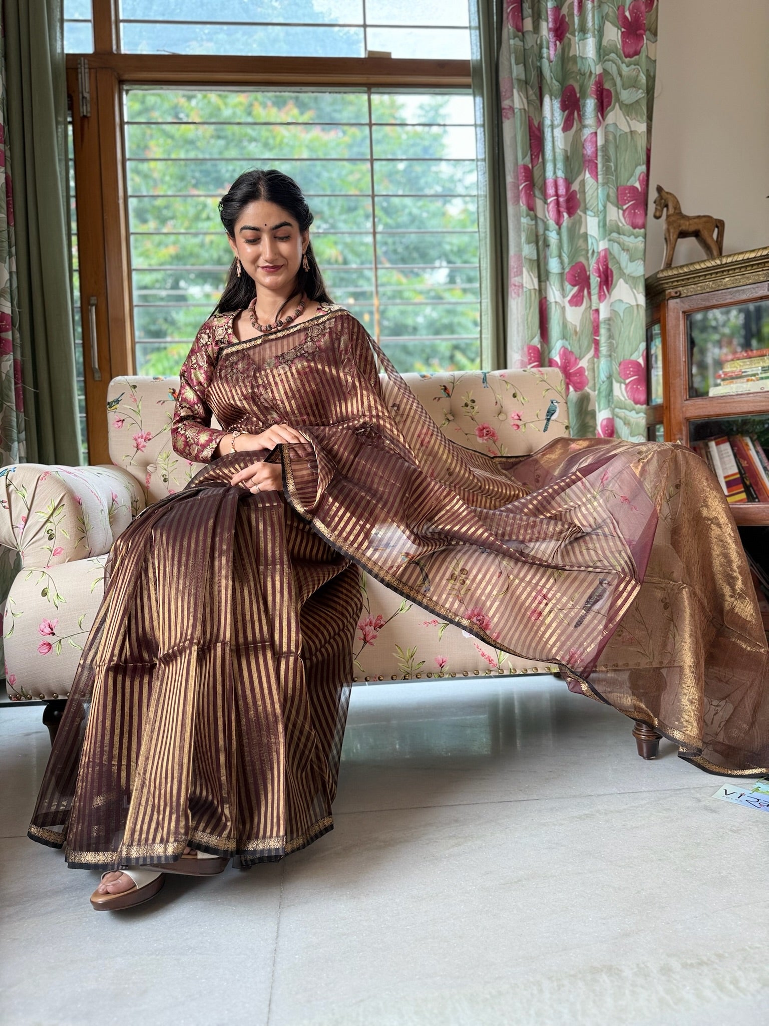 Brown Golden Cotton Silk Maheshwari Saree With Tissue Palla