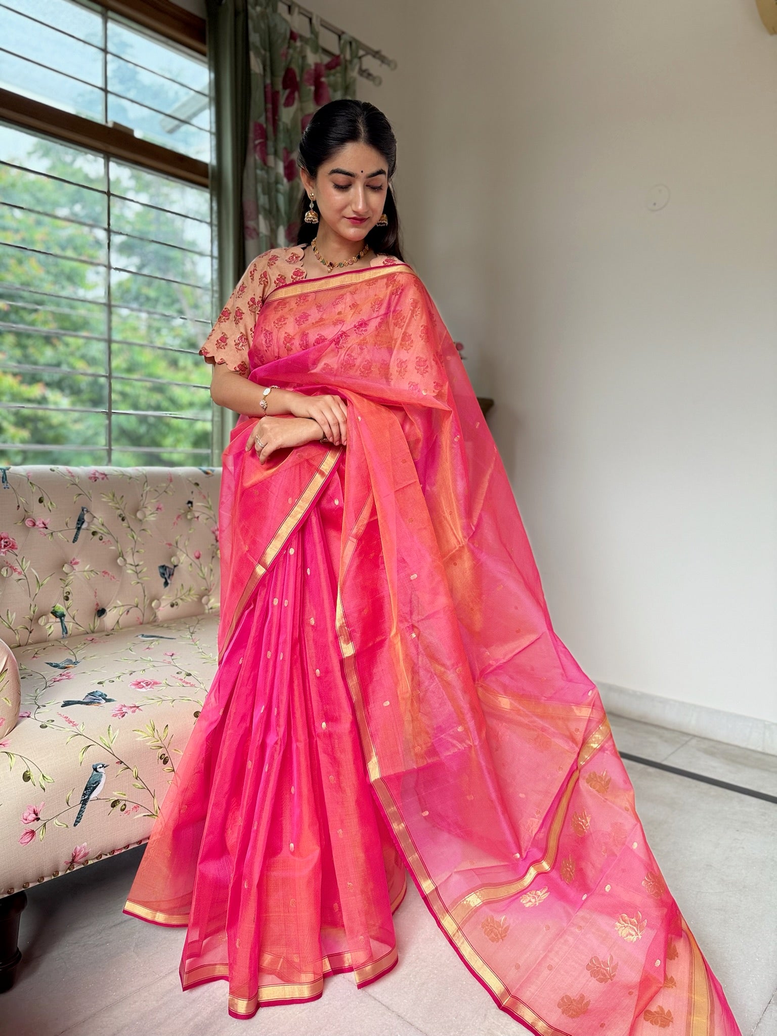Bright Pink Handwoven Pure Silk Chanderi Saree