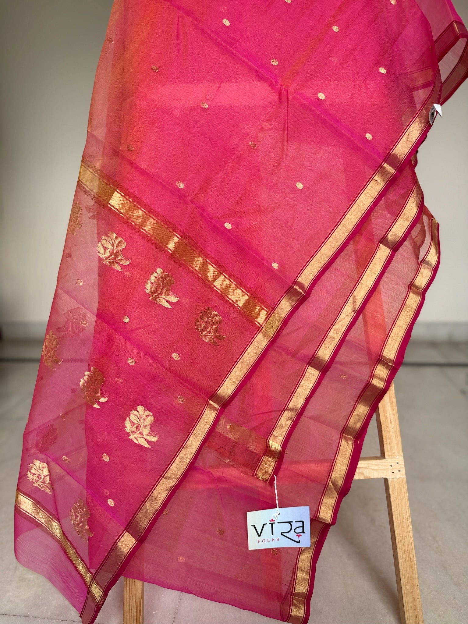 Bright Pink Handwoven Pure Silk Chanderi Saree