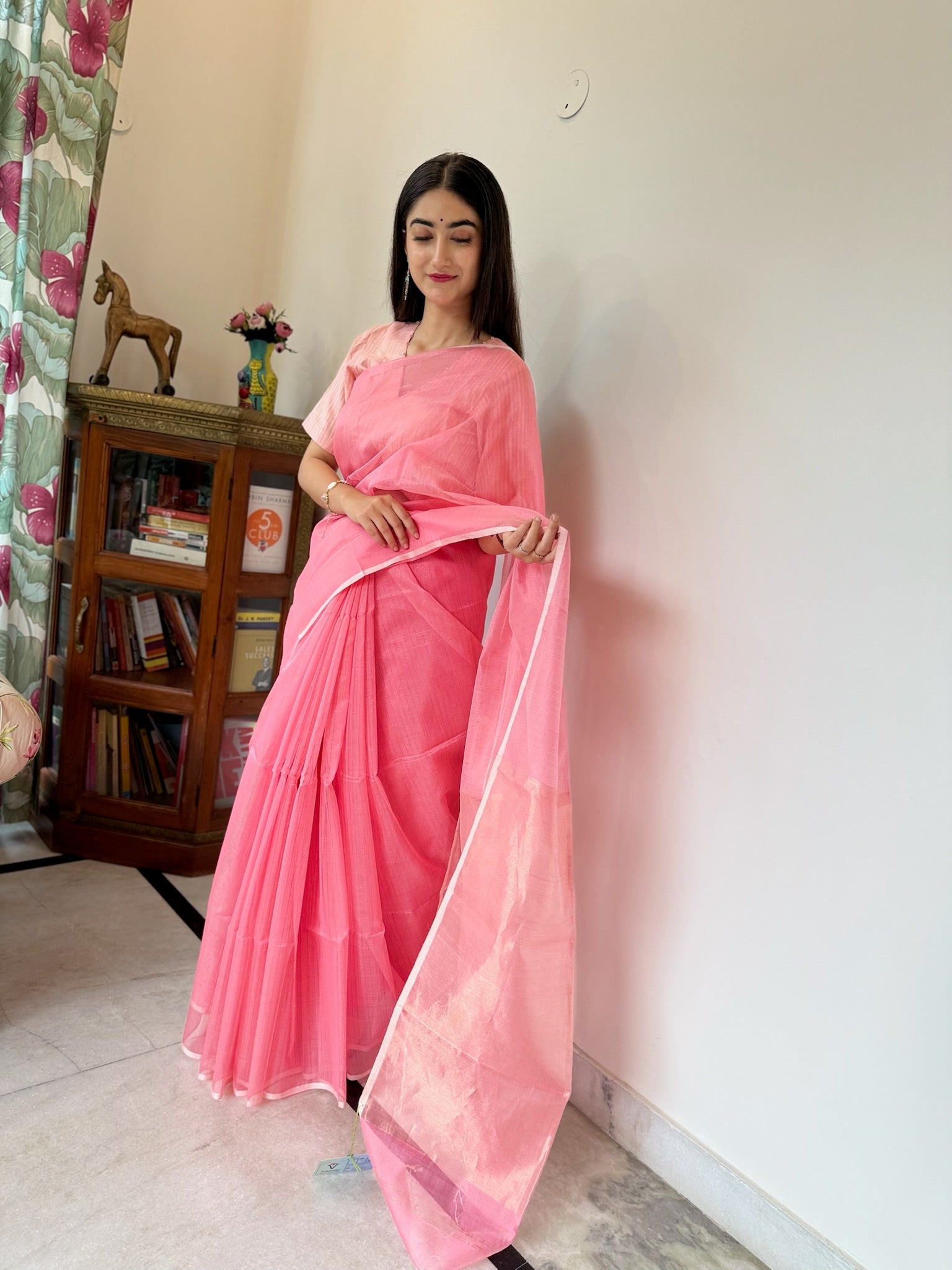 Blush Pink Cotton Silk Maheshwari Saree With Tissue Palla