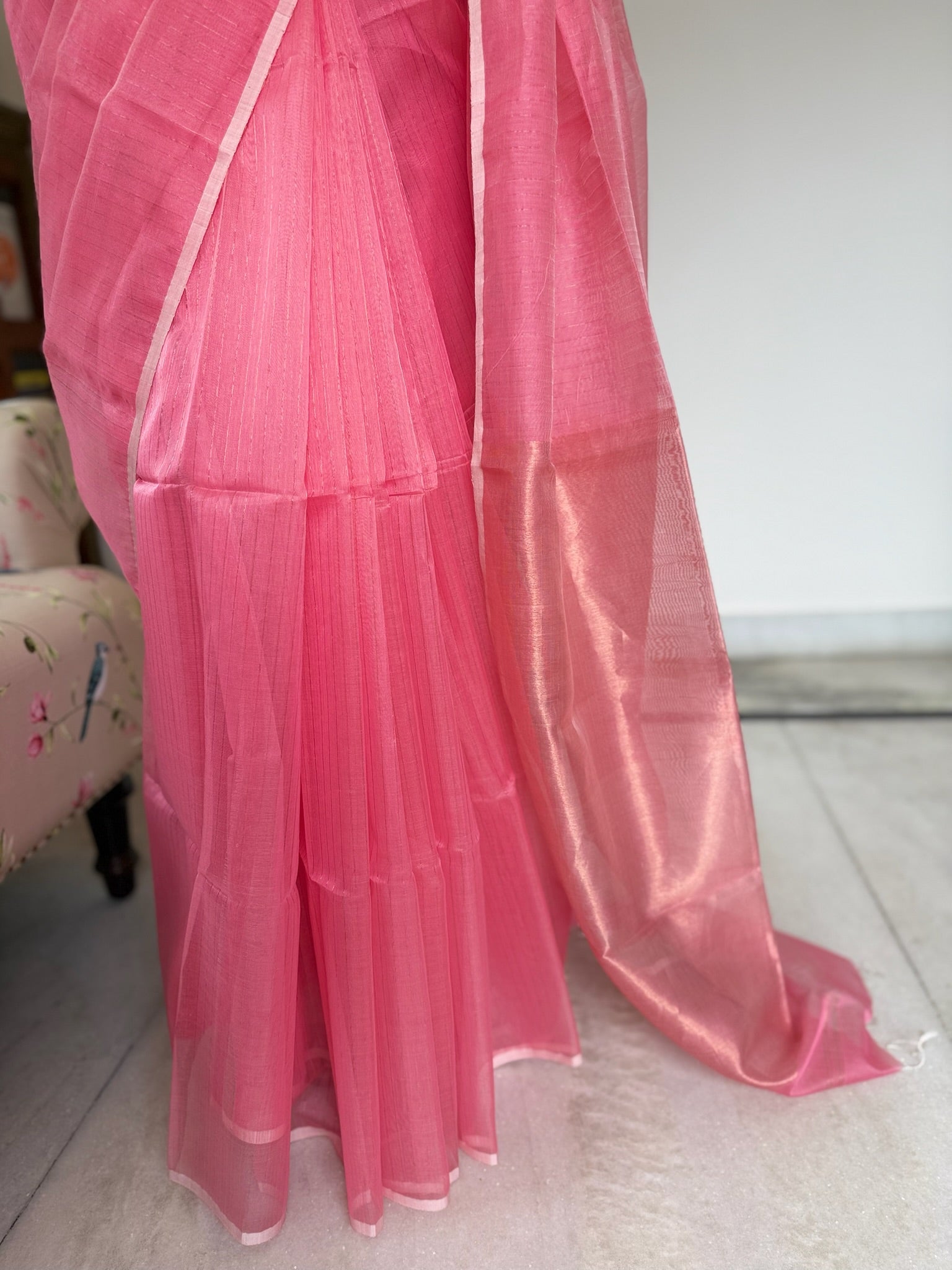 Blush Pink Cotton Silk Maheshwari Saree With Tissue Palla