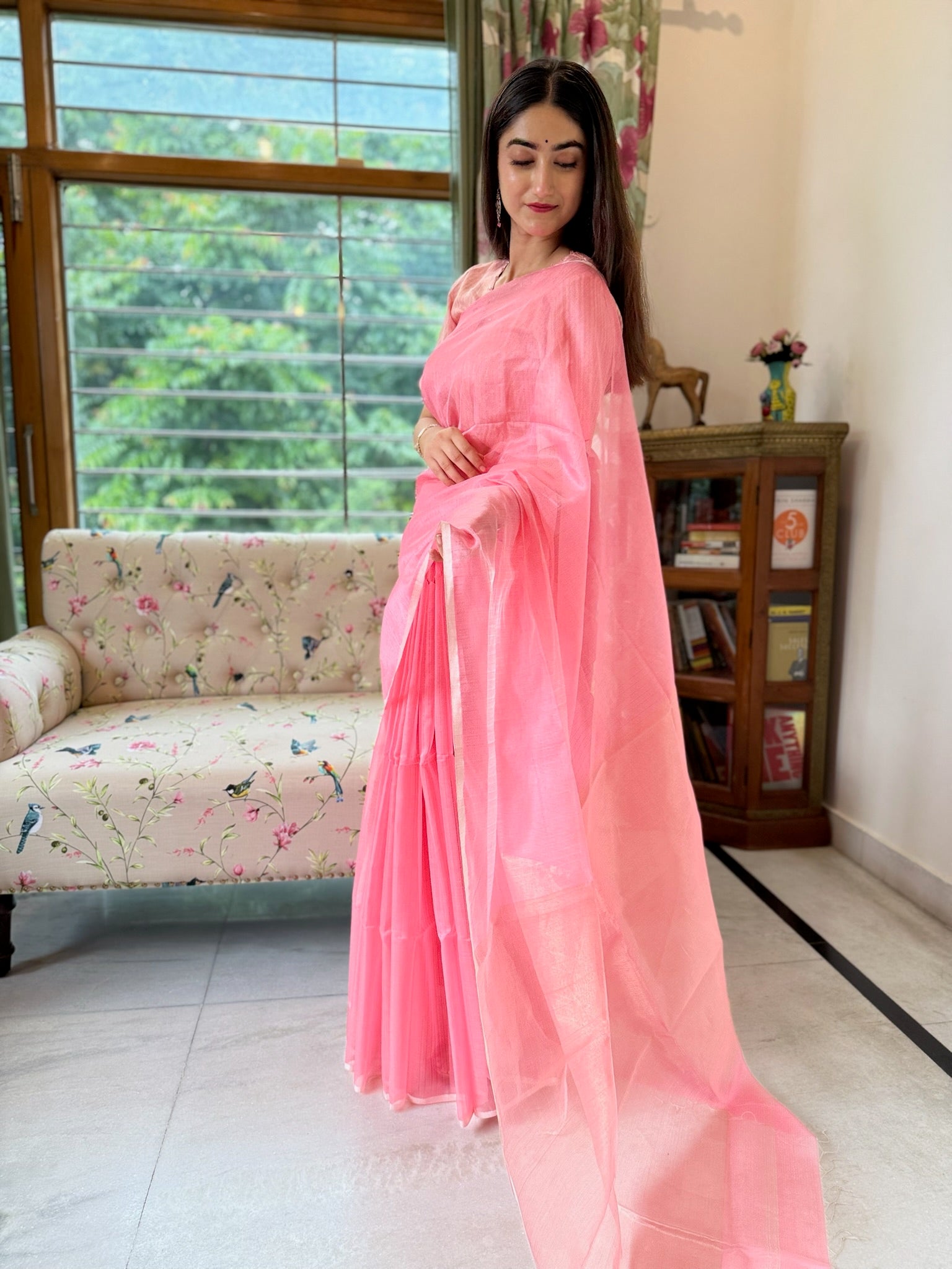 Blush Pink Cotton Silk Maheshwari Saree With Tissue Palla