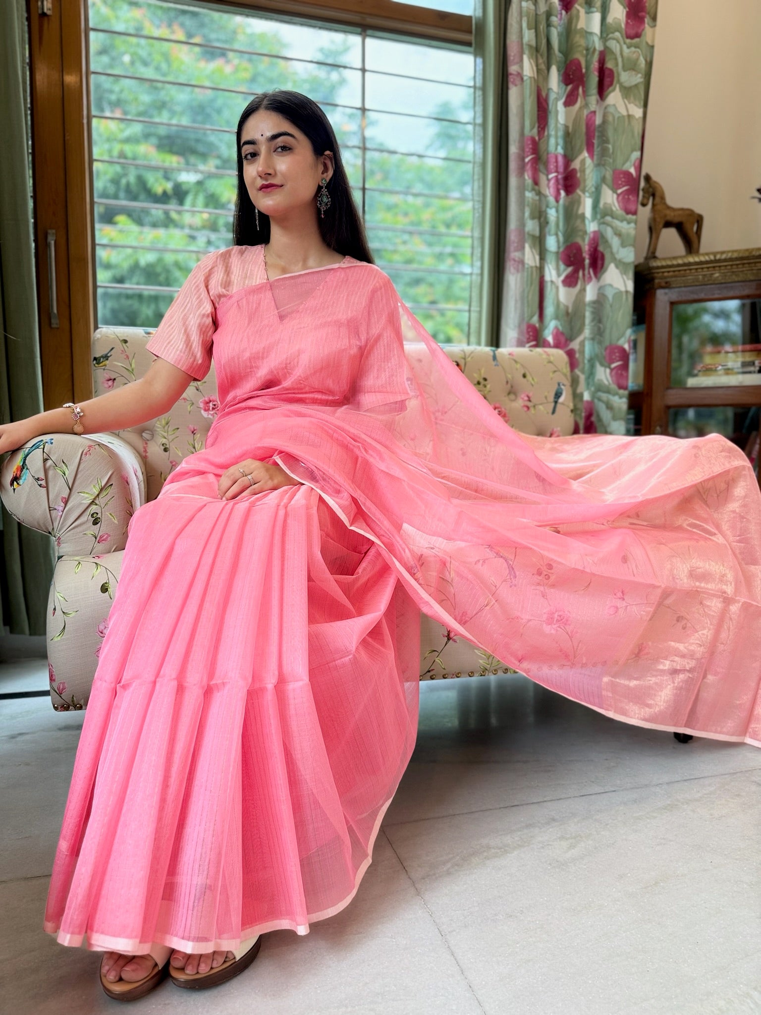 Blush Pink Cotton Silk Maheshwari Saree With Tissue Palla