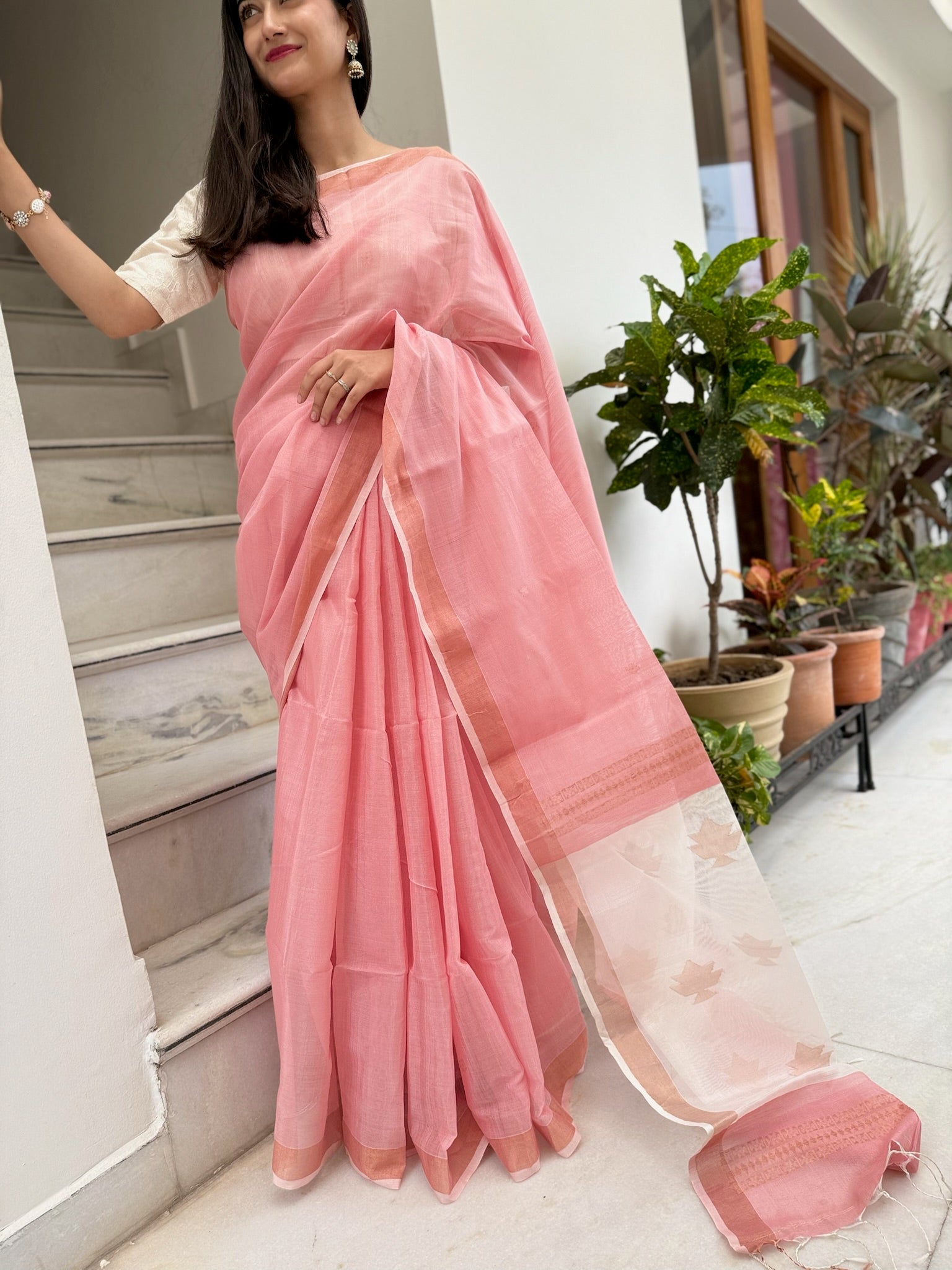 Pink With Golden Flower Motif Bengal Silk Saree