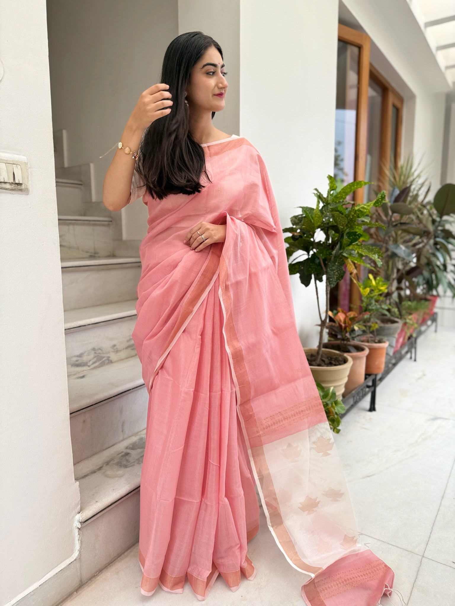 Pink With Golden Flower Motif Bengal Silk Saree