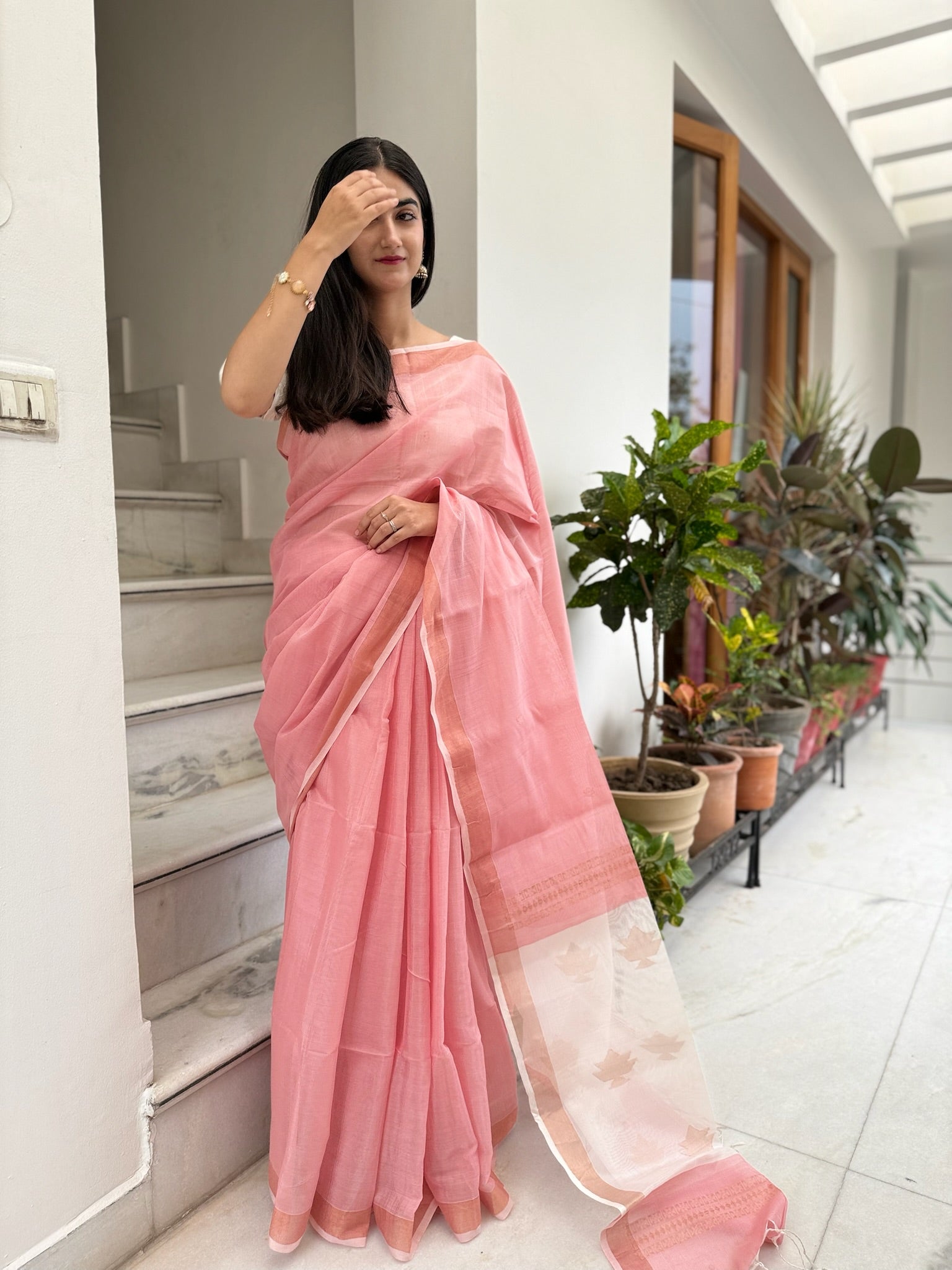 Pink With Golden Flower Motif Bengal Silk Saree