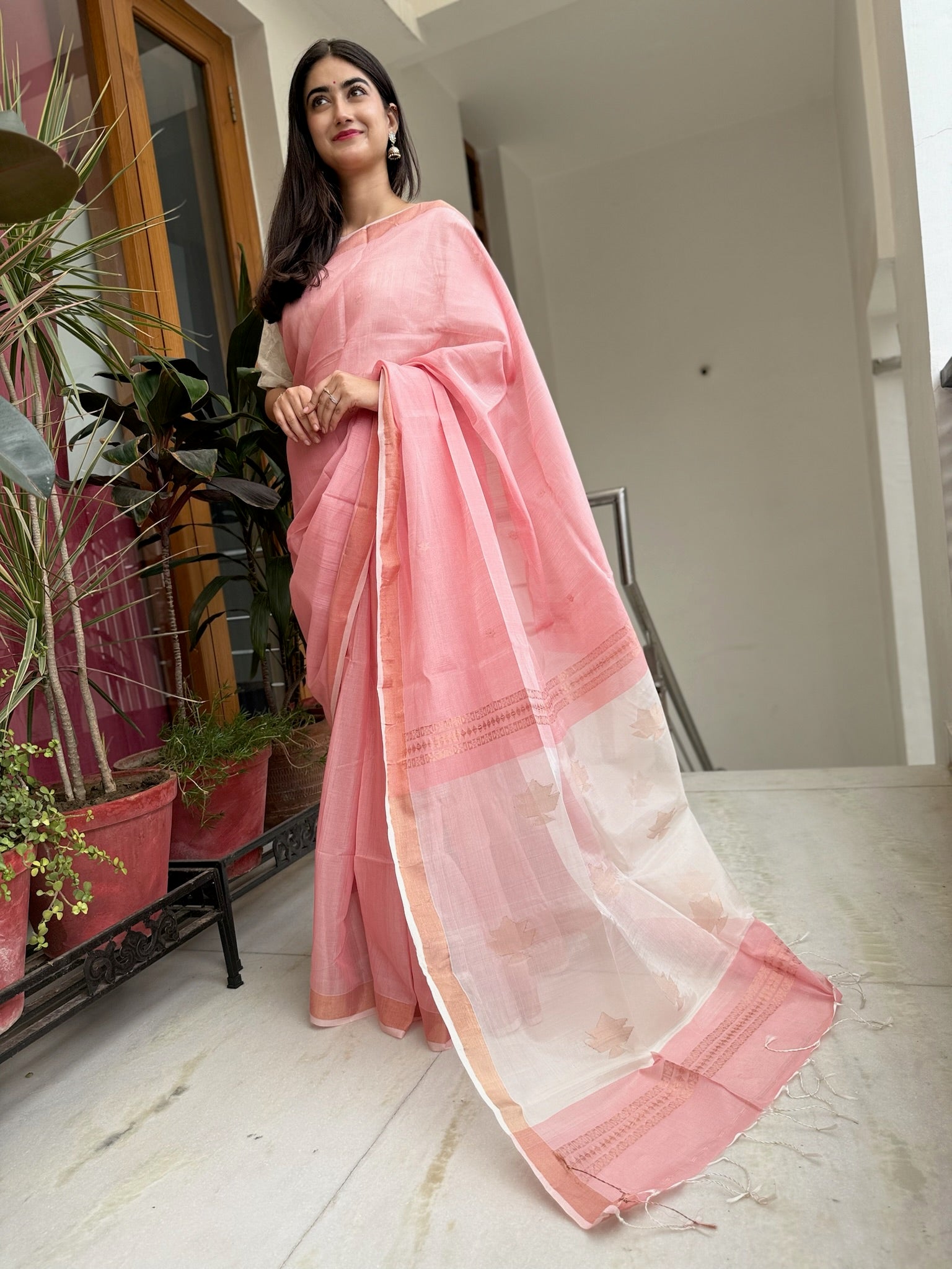 Pink With Golden Flower Motif Bengal Silk Saree