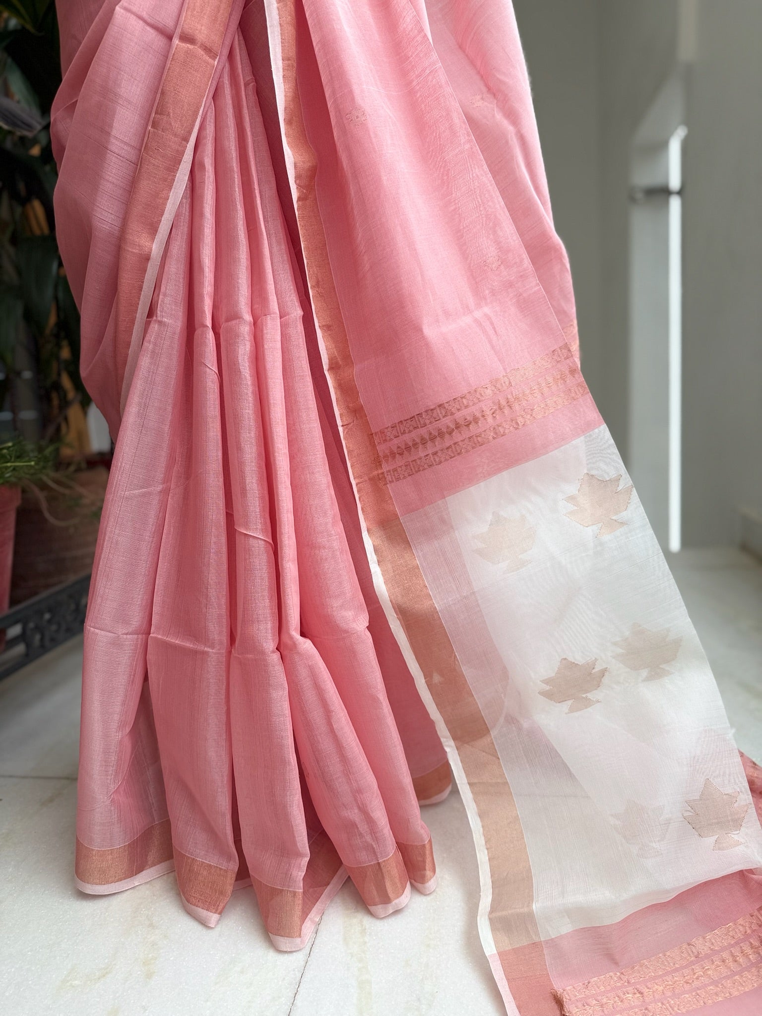 Pink With Golden Flower Motif Bengal Silk Saree