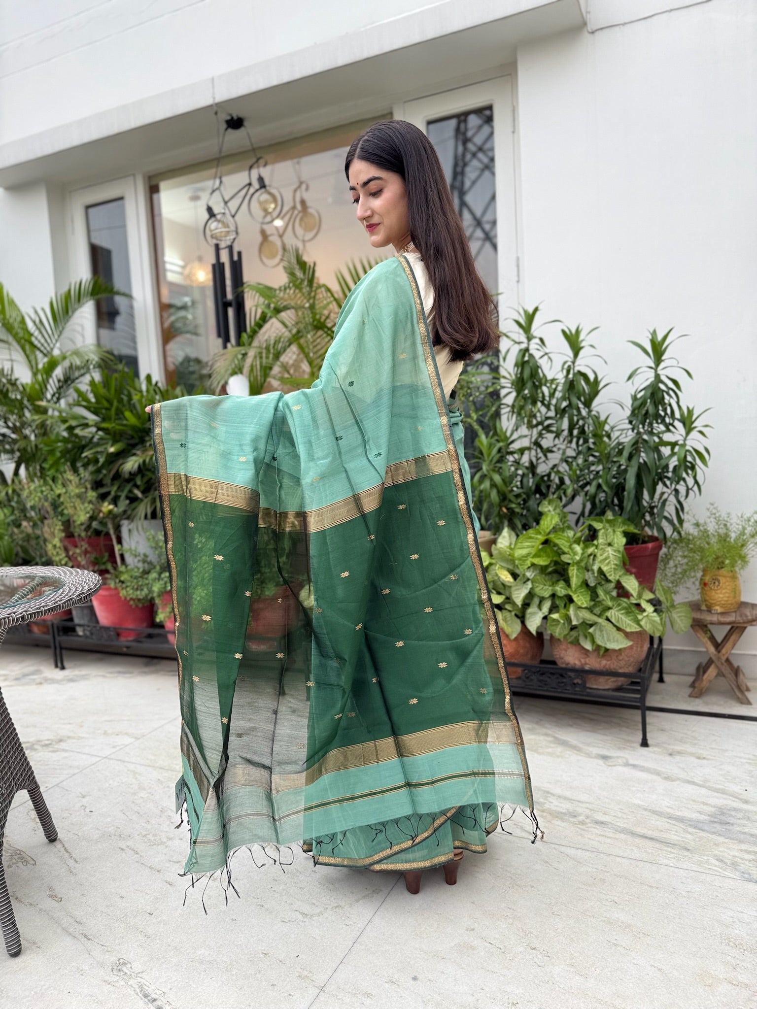 Classic Green Star Buti Handcrafted Cotton Silk Maheshwari Saree