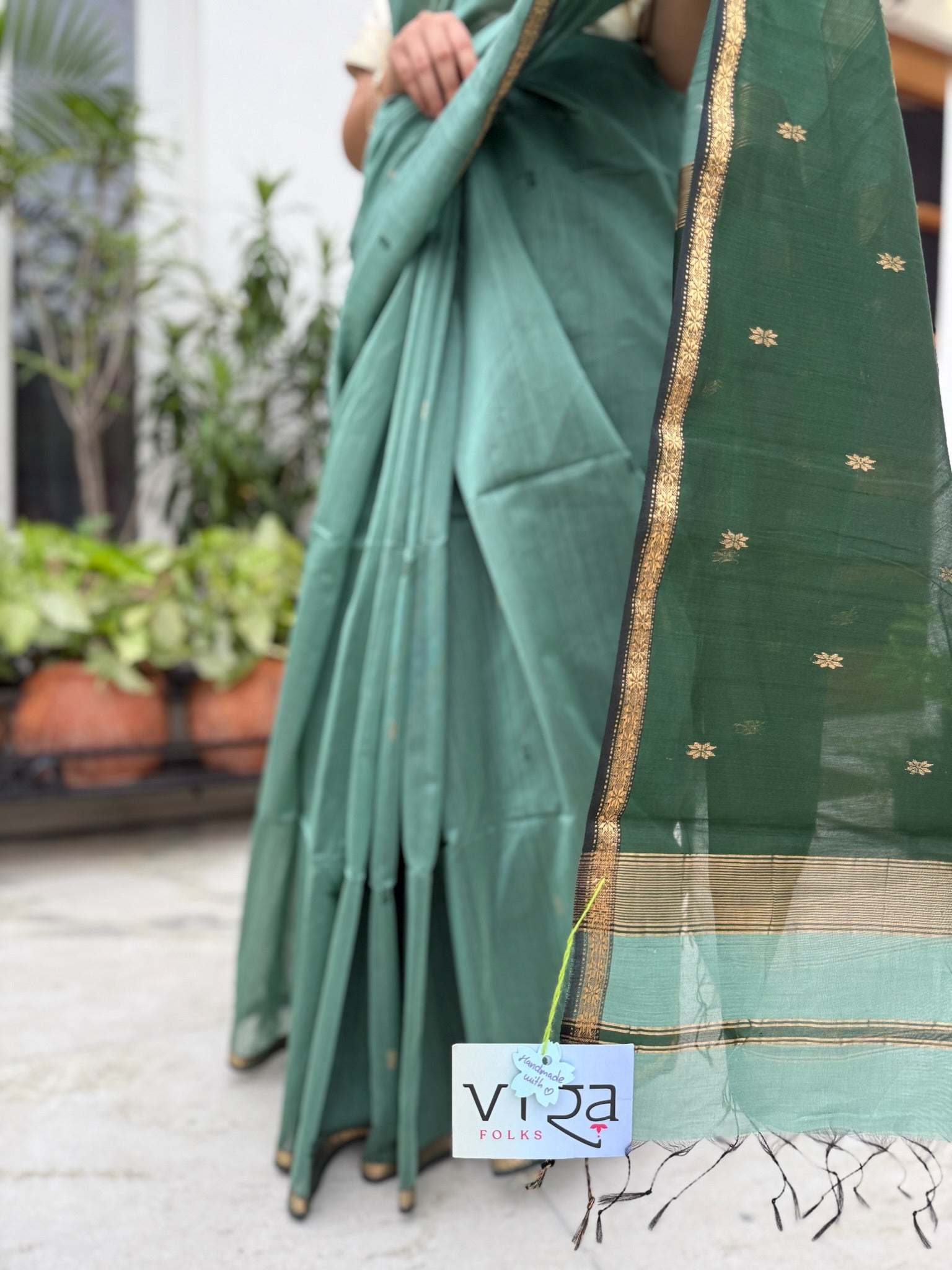 Classic Green Star Buti Handcrafted Cotton Silk Maheshwari Saree