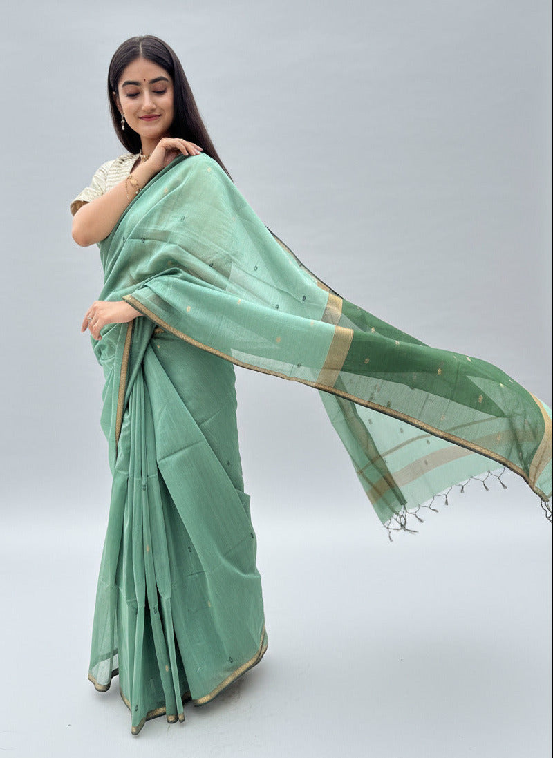 Classic Green Star Buti Handcrafted Cotton Silk Maheshwari Saree