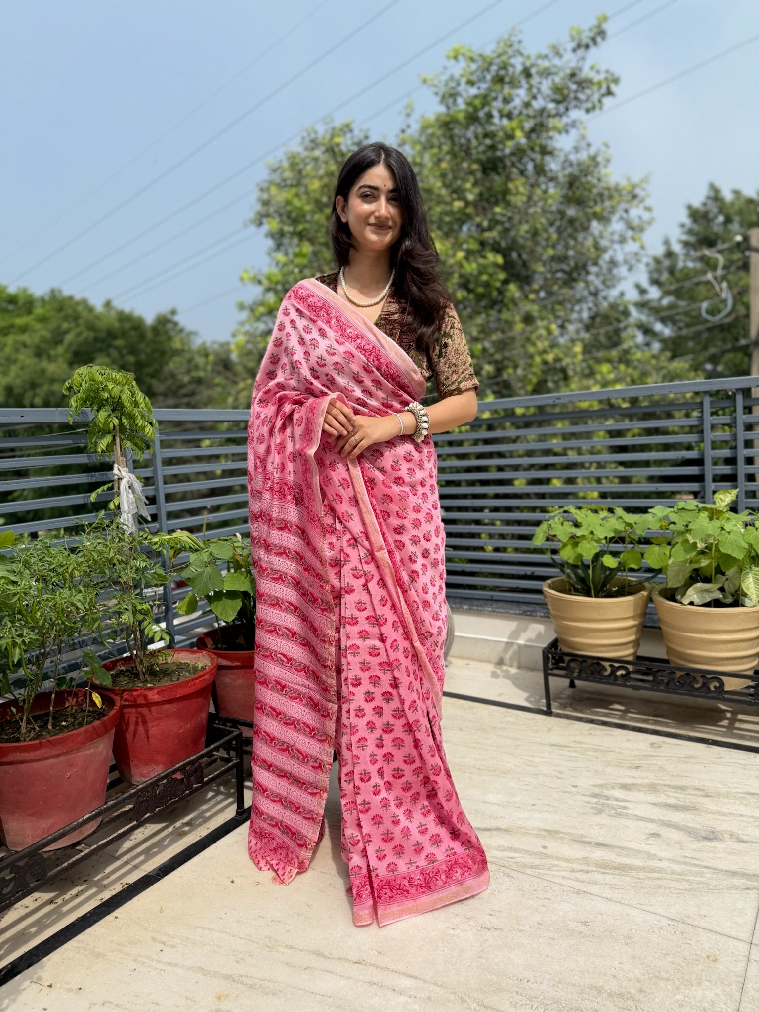 Rose Pink Hand Block Cotton Silk Chanderi Saree