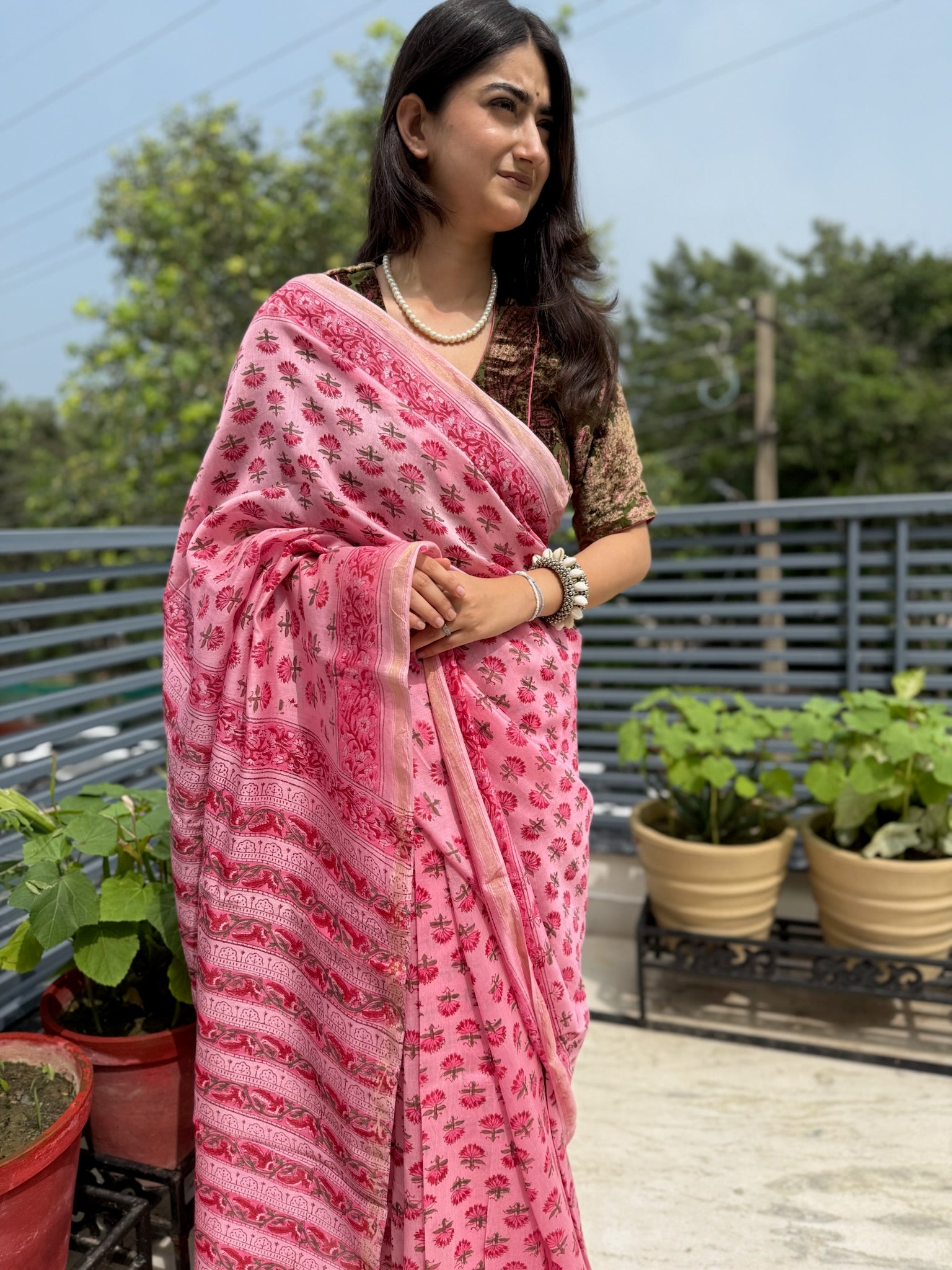 Rose Pink Hand Block Cotton Silk Chanderi Saree