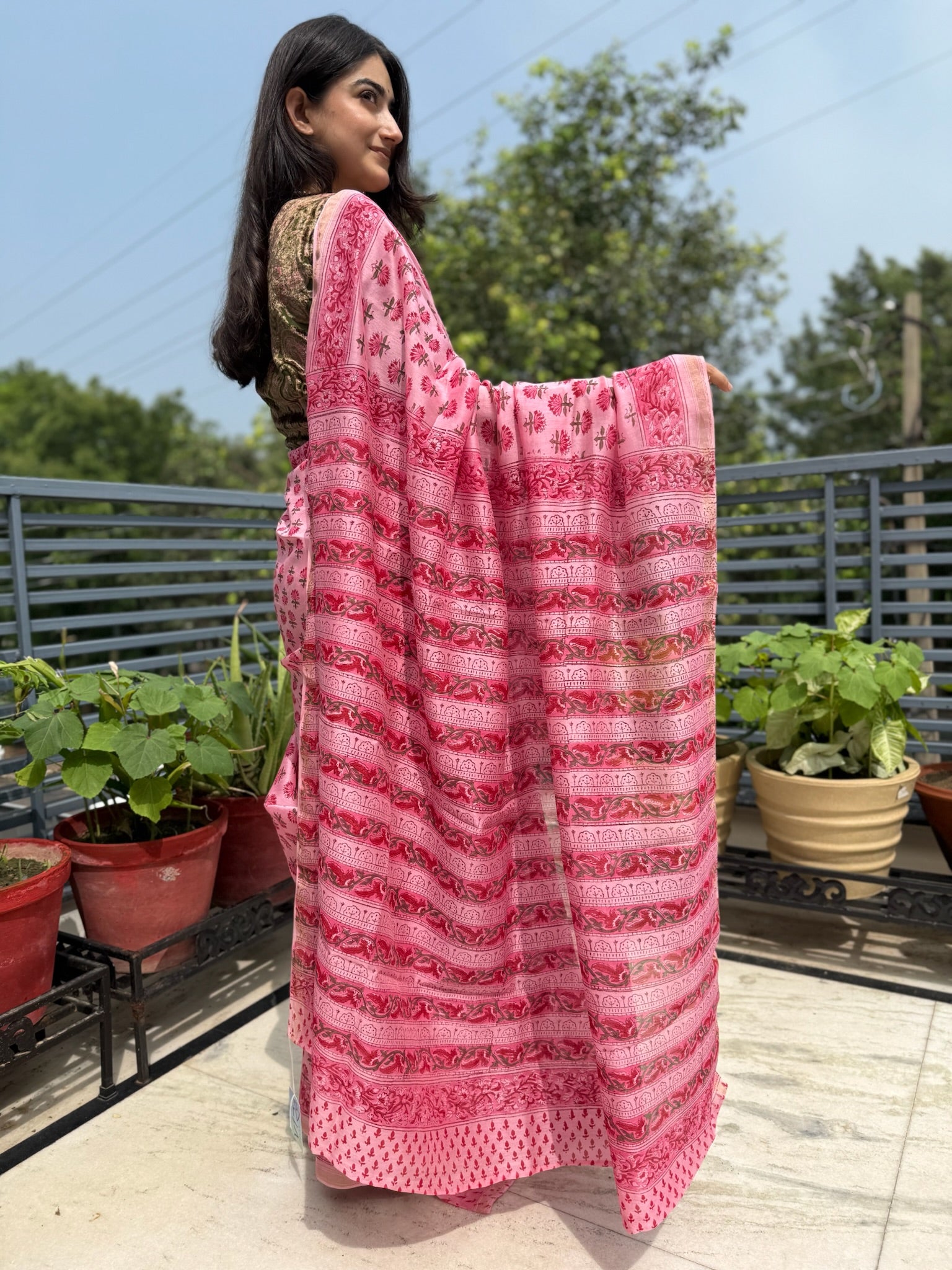 Rose Pink Hand Block Cotton Silk Chanderi Saree