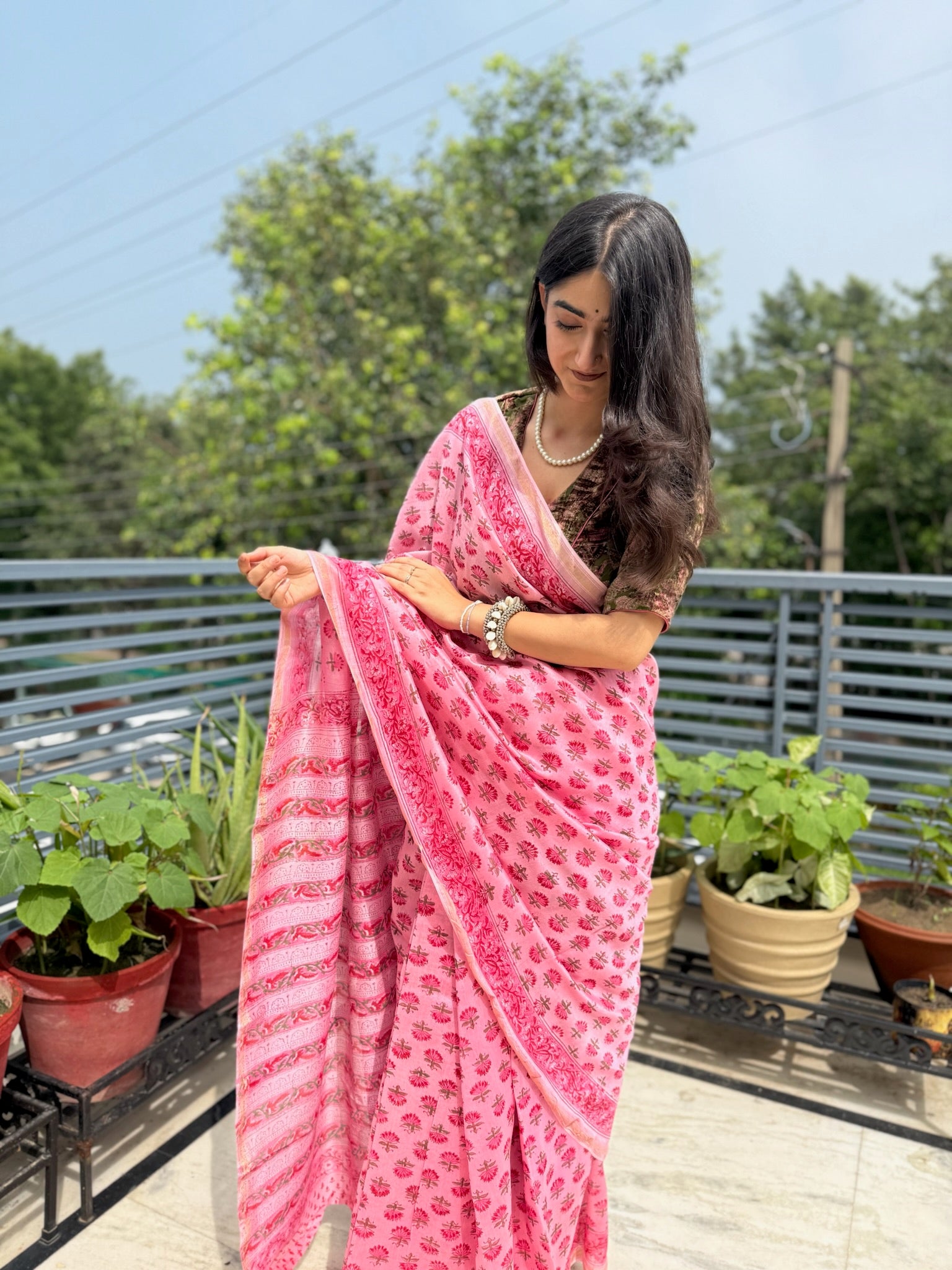 Rose Pink Hand Block Cotton Silk Chanderi Saree