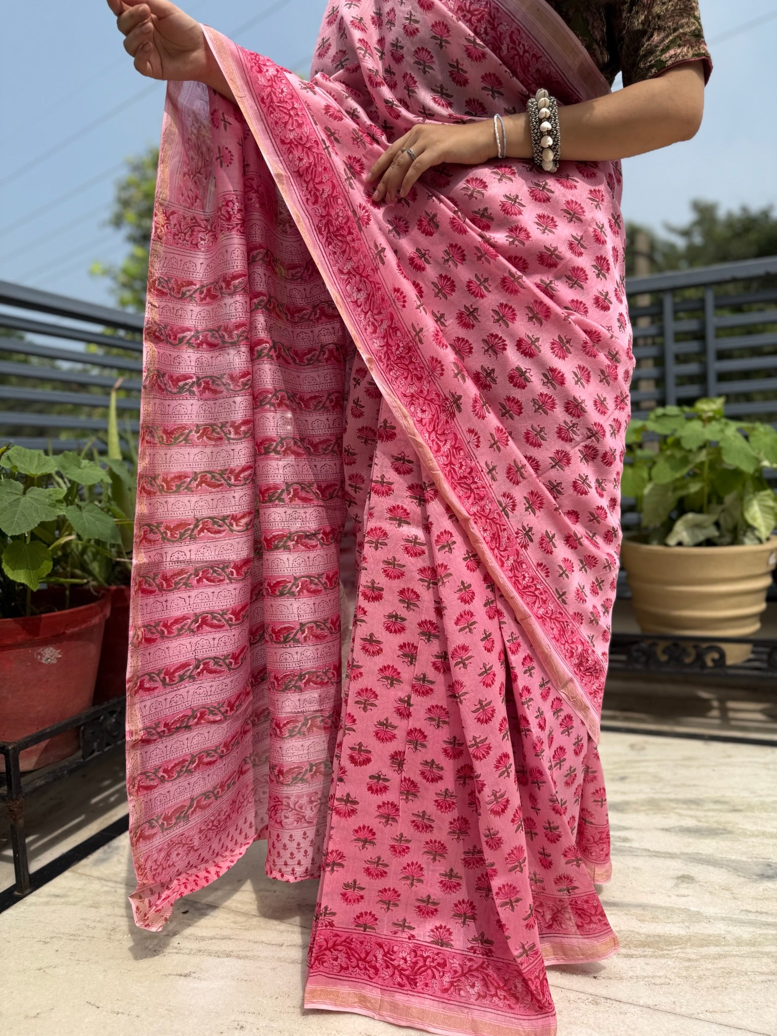 Rose Pink Hand Block Cotton Silk Chanderi Saree