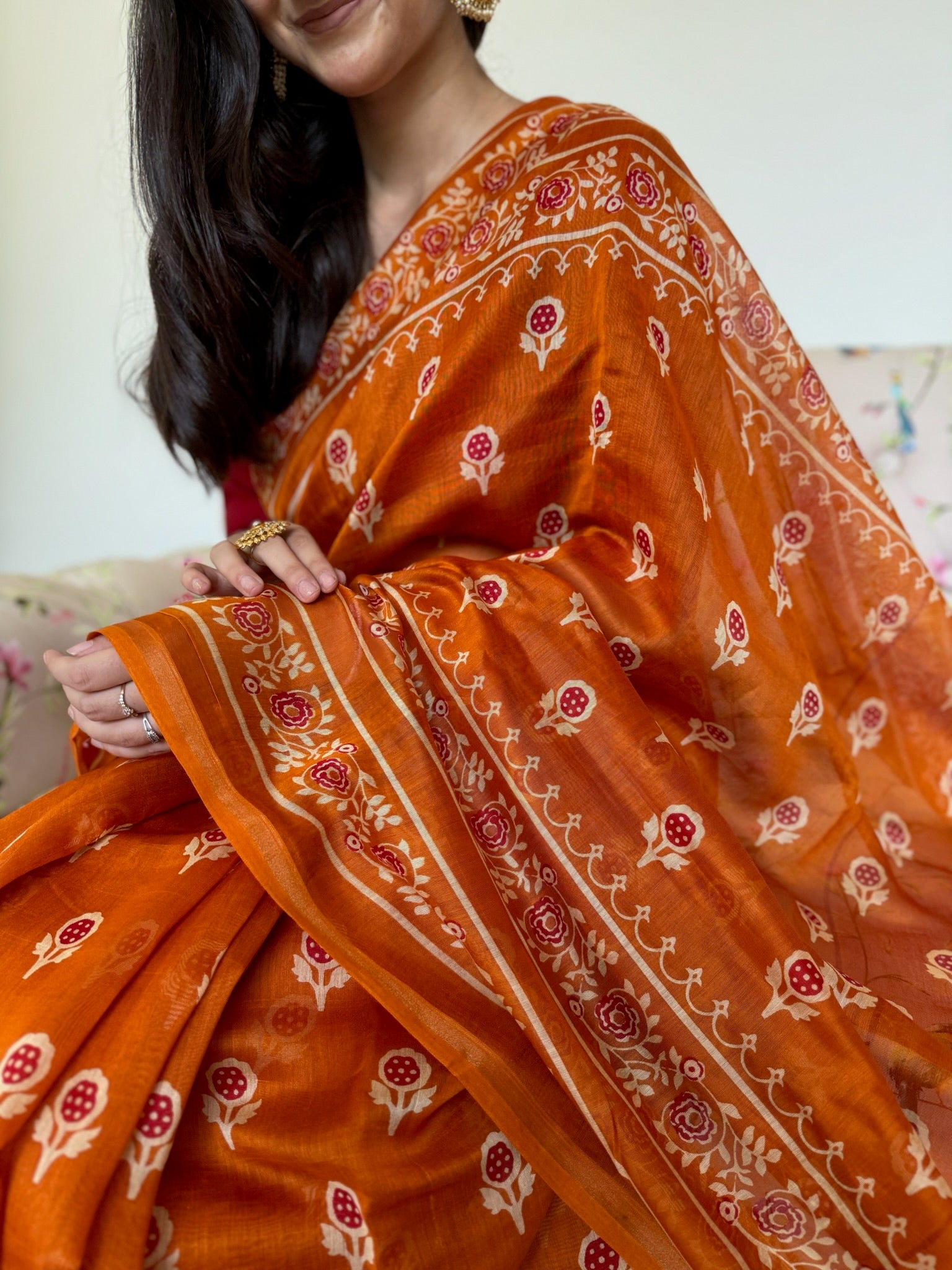 Tango Orange Hand Block Cotton Silk Chanderi Saree