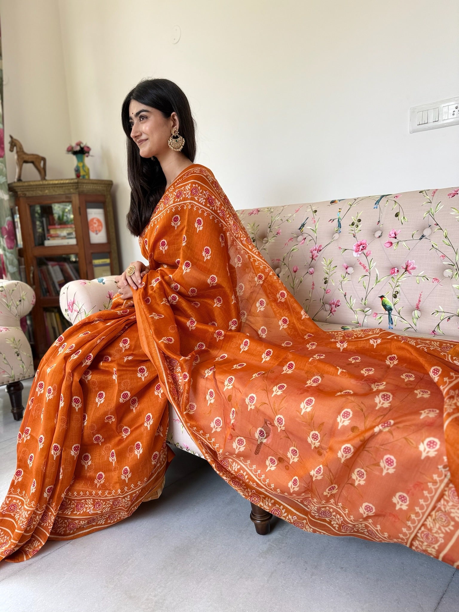 Tango Orange Hand Block Cotton Silk Chanderi Saree
