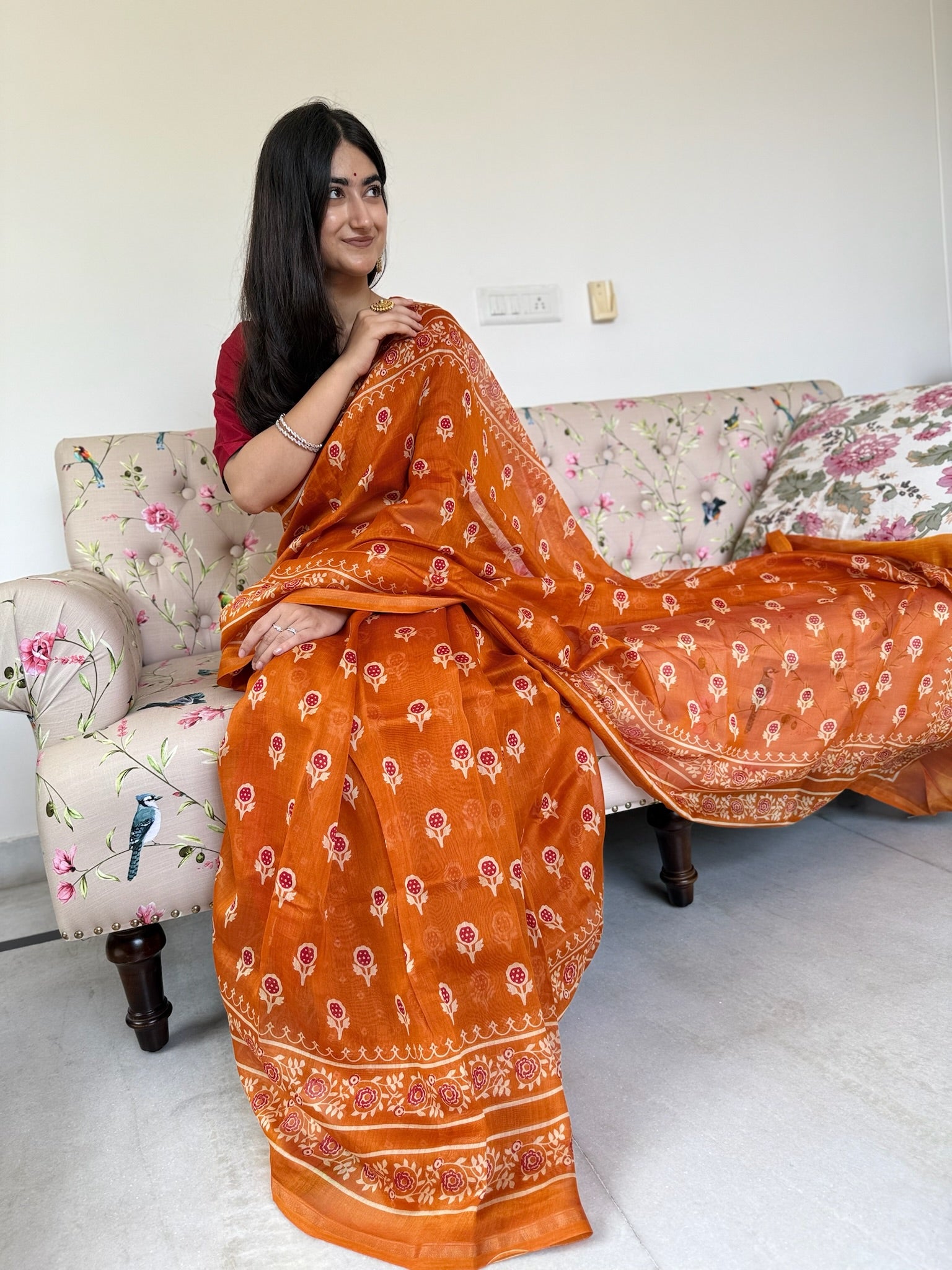 Tango Orange Hand Block Cotton Silk Chanderi Saree