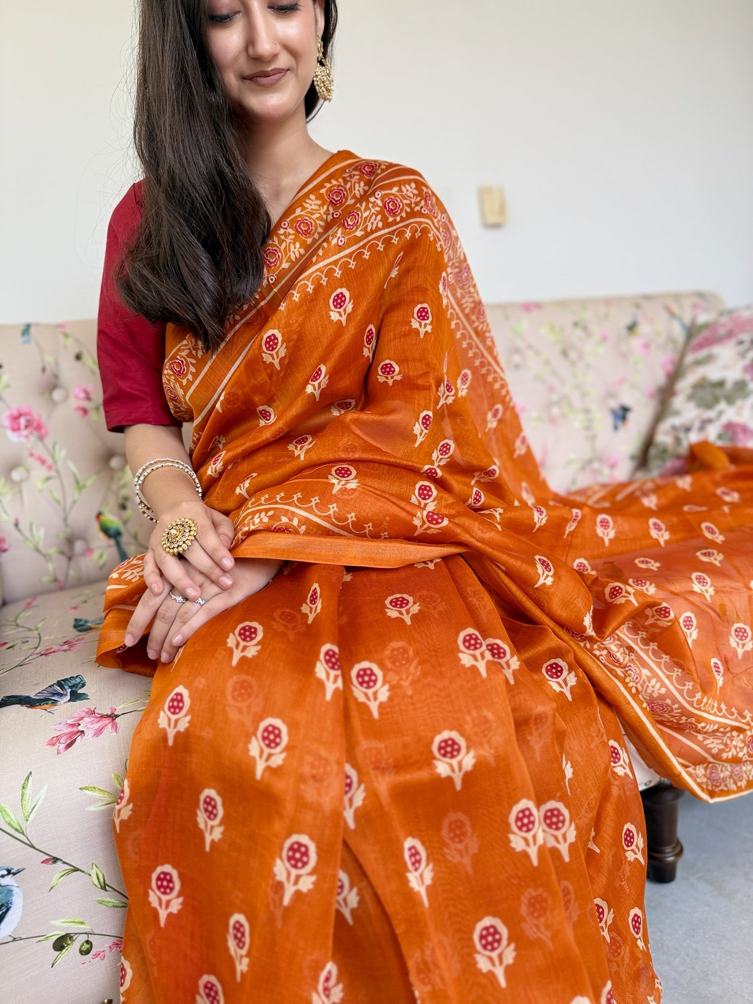 Tango Orange Hand Block Cotton Silk Chanderi Saree