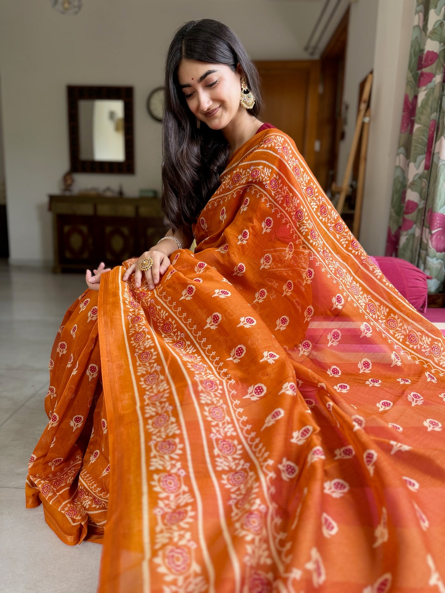 Tango Orange Hand Block Cotton Silk Chanderi Saree