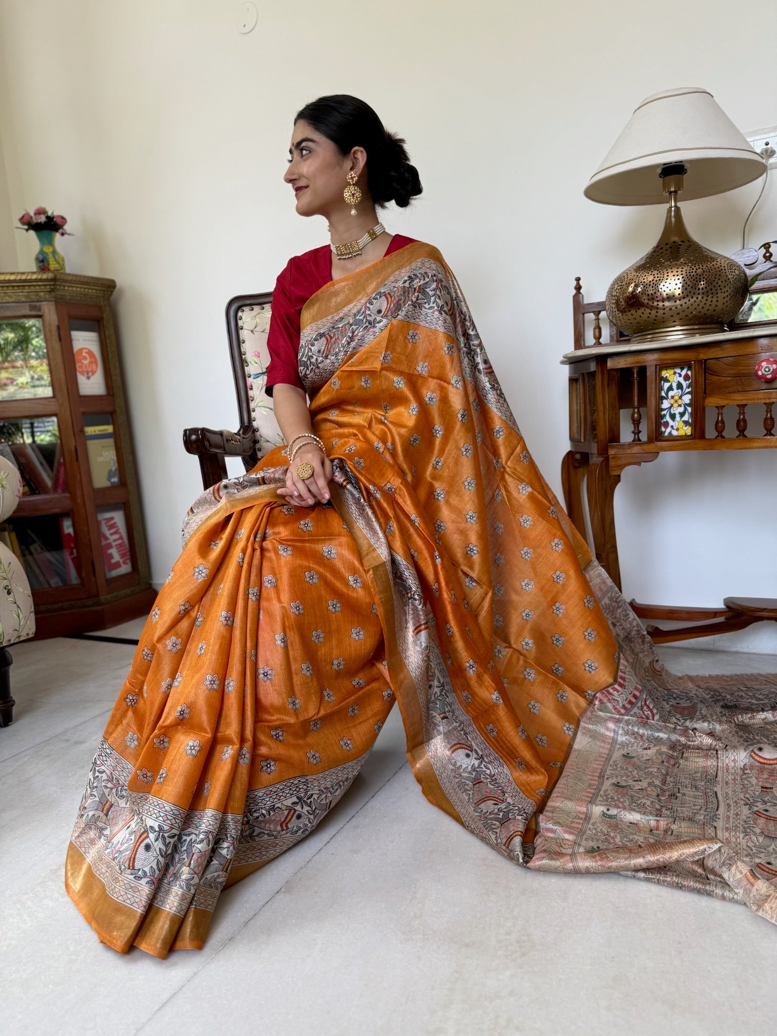 Royal Golden Orange Handpainted Madhubani Moga Silk Saree