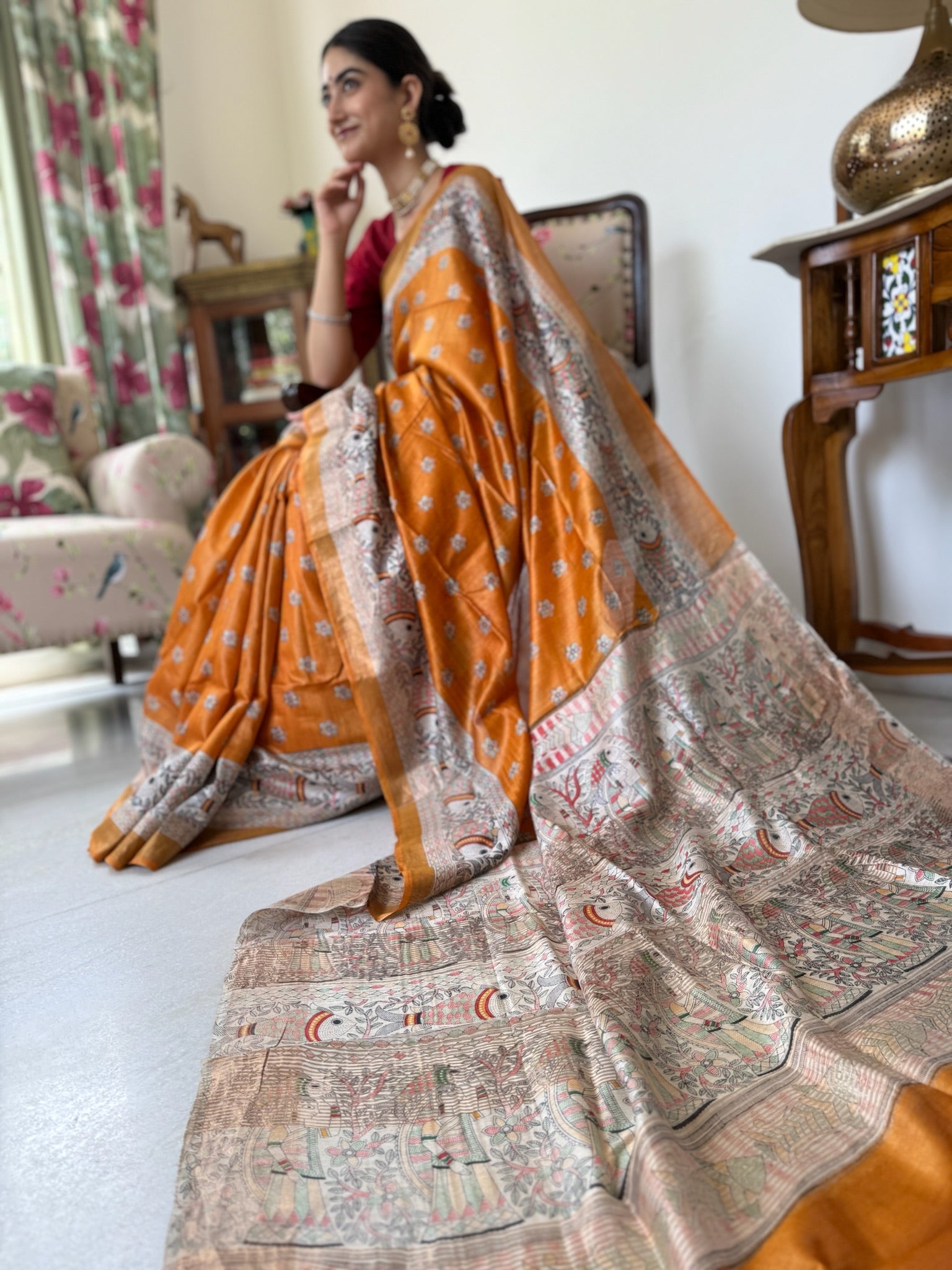 Royal Golden Orange Handpainted Madhubani Moga Silk Saree
