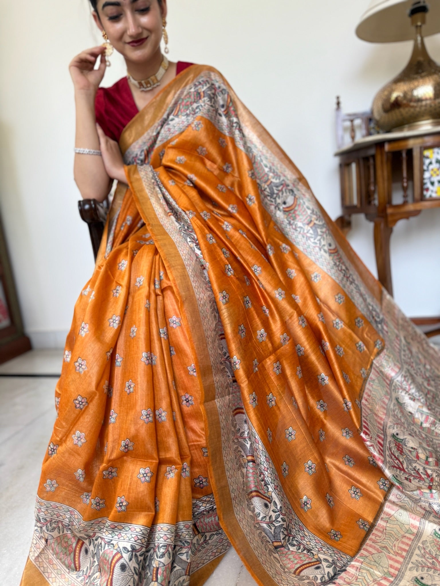 Royal Golden Orange Handpainted Madhubani Moga Silk Saree