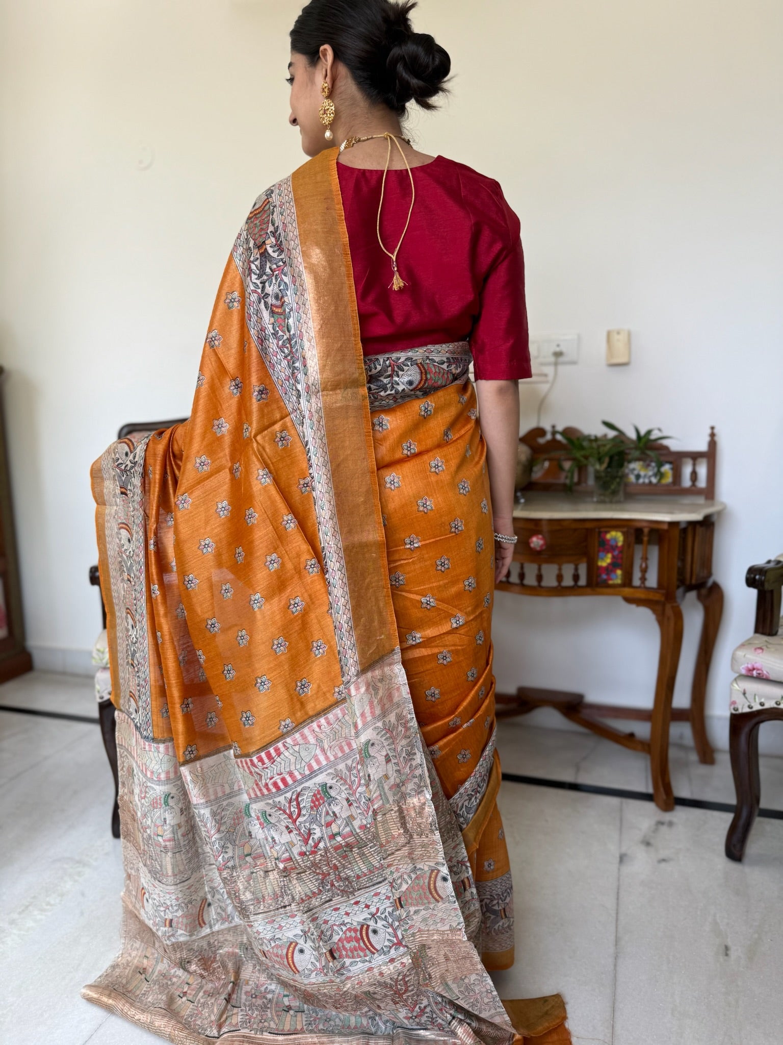 Royal Golden Orange Handpainted Madhubani Moga Silk Saree