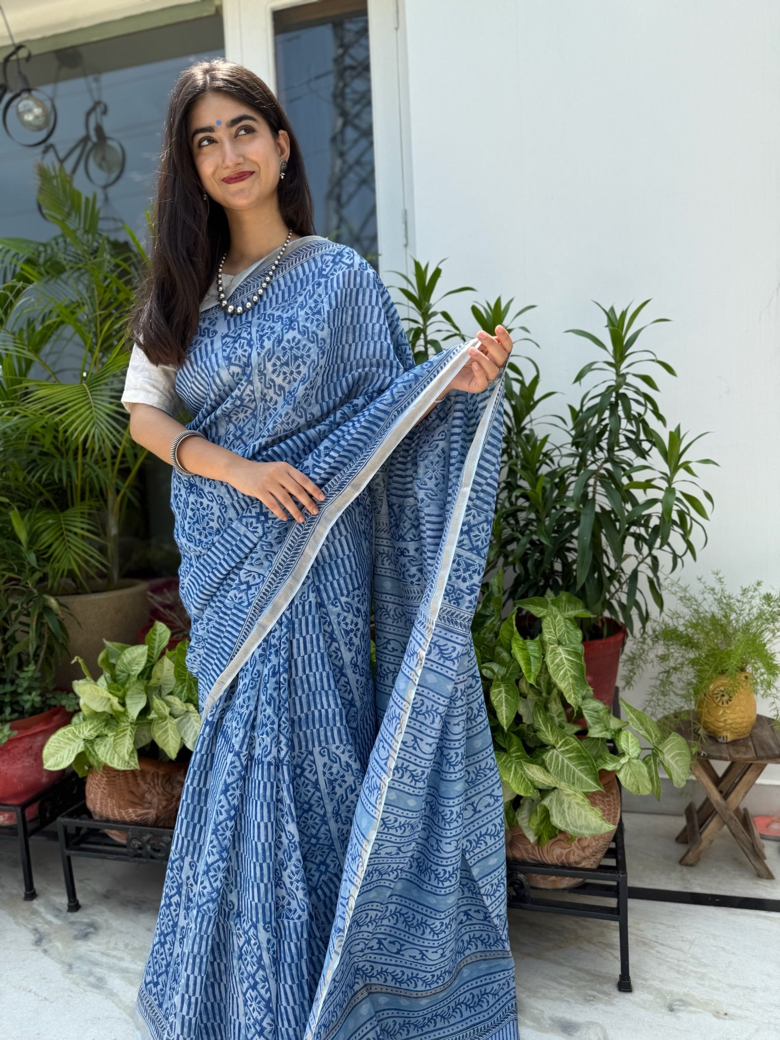 Sky Blue & White Hand Block Print Cotton  Silk Chanderi Saree