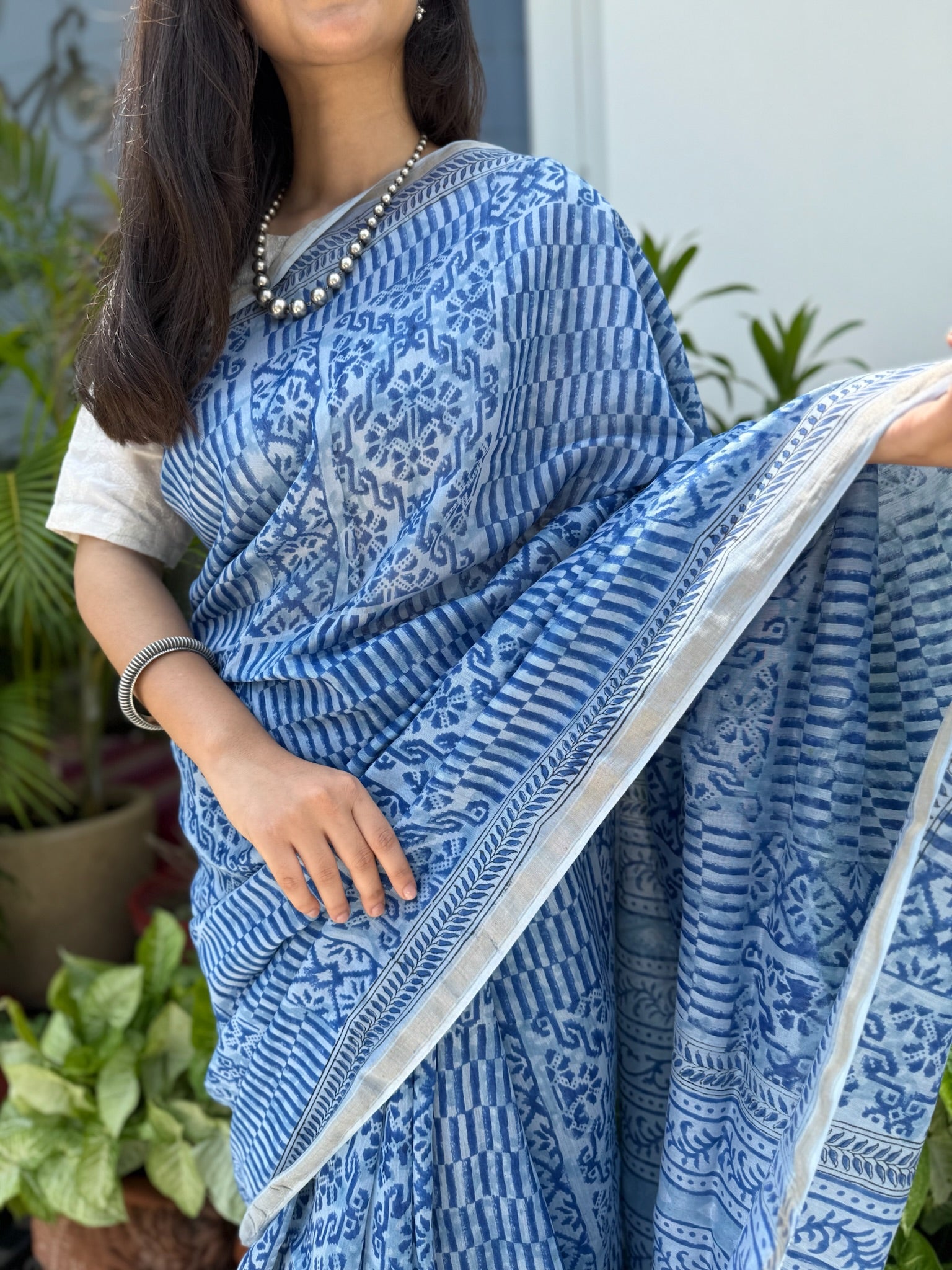 Sky Blue & White Hand Block Print Cotton  Silk Chanderi Saree