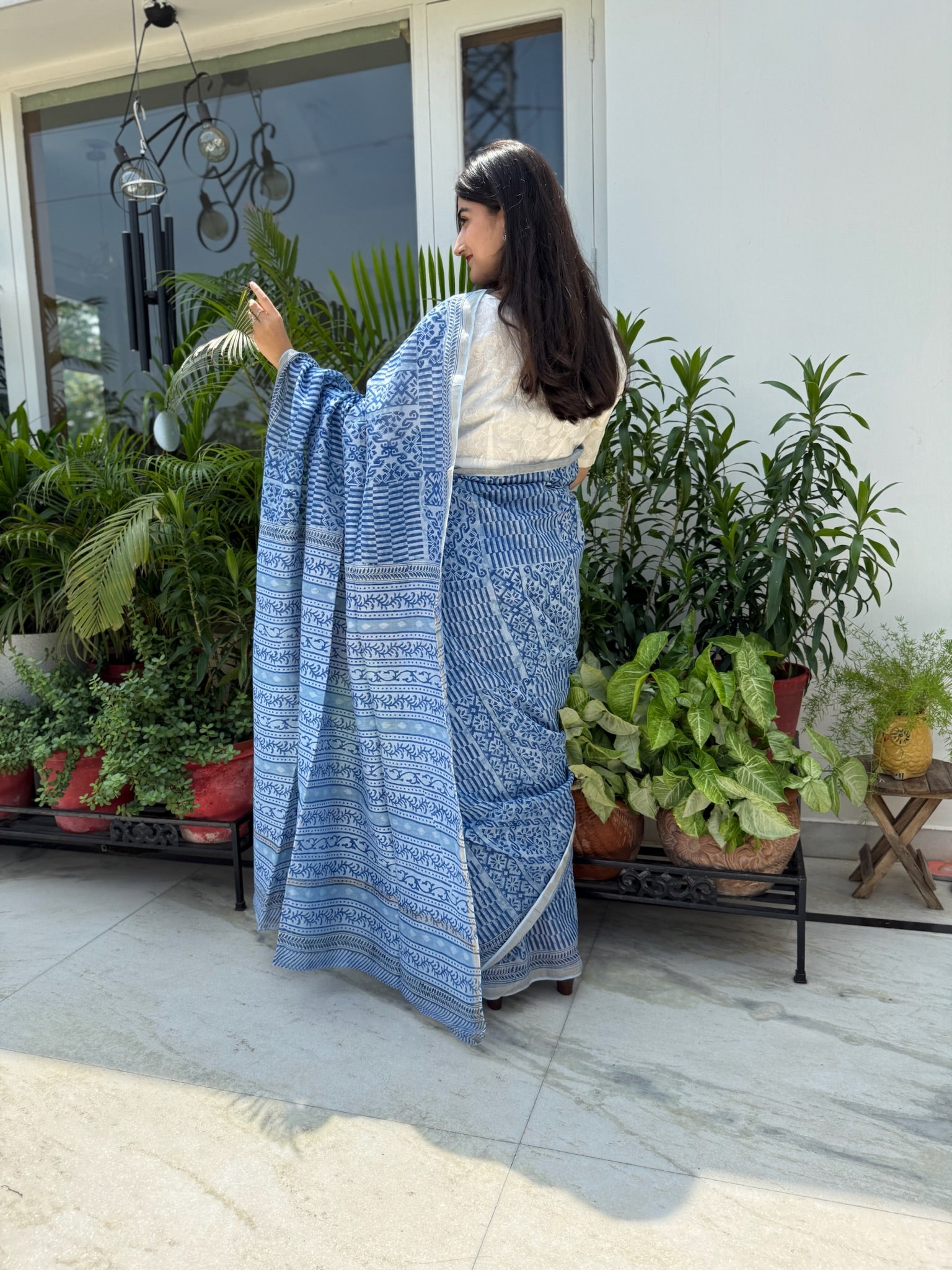 Sky Blue & White Hand Block Print Cotton  Silk Chanderi Saree