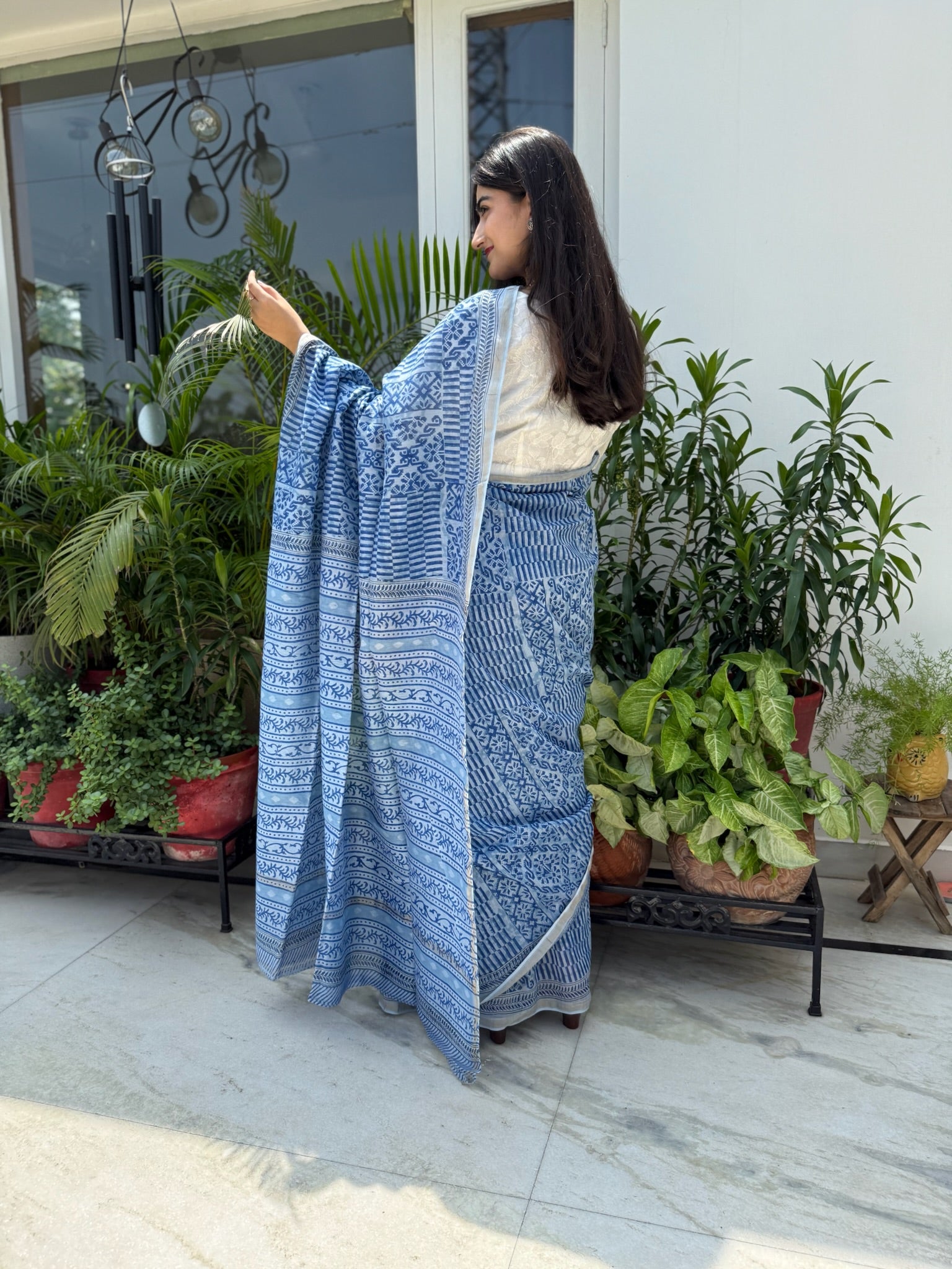 Sky Blue & White Hand Block Print Cotton  Silk Chanderi Saree