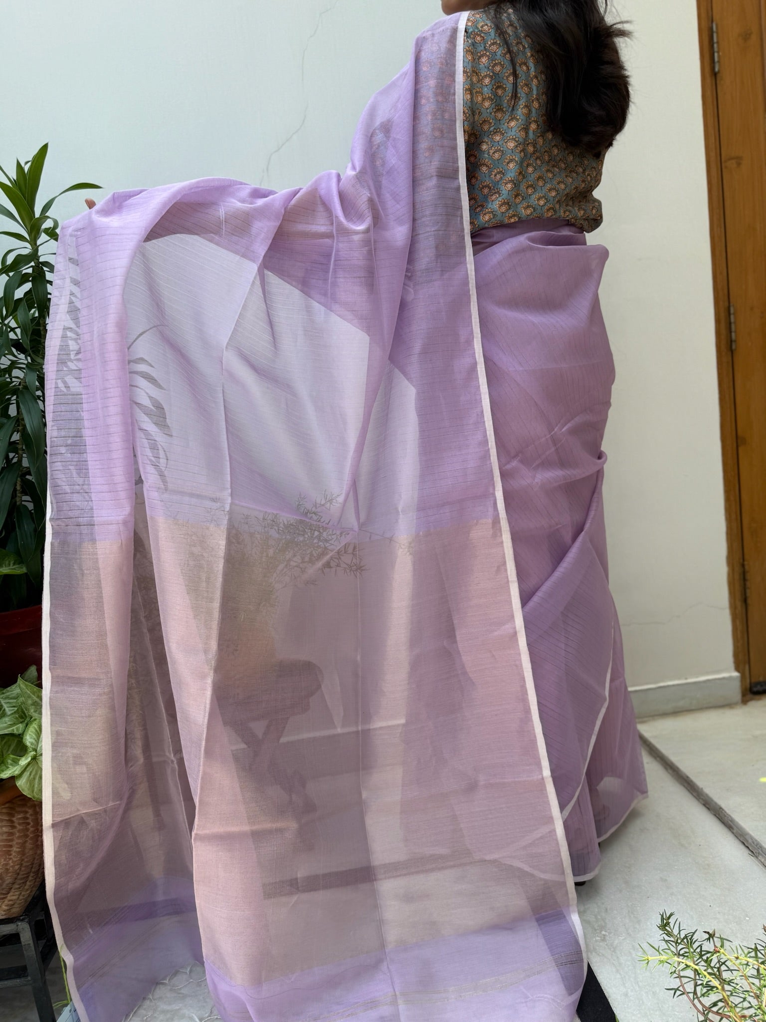 Mauve Cotton Silk Maheshwari Saree With Tissue Palla
