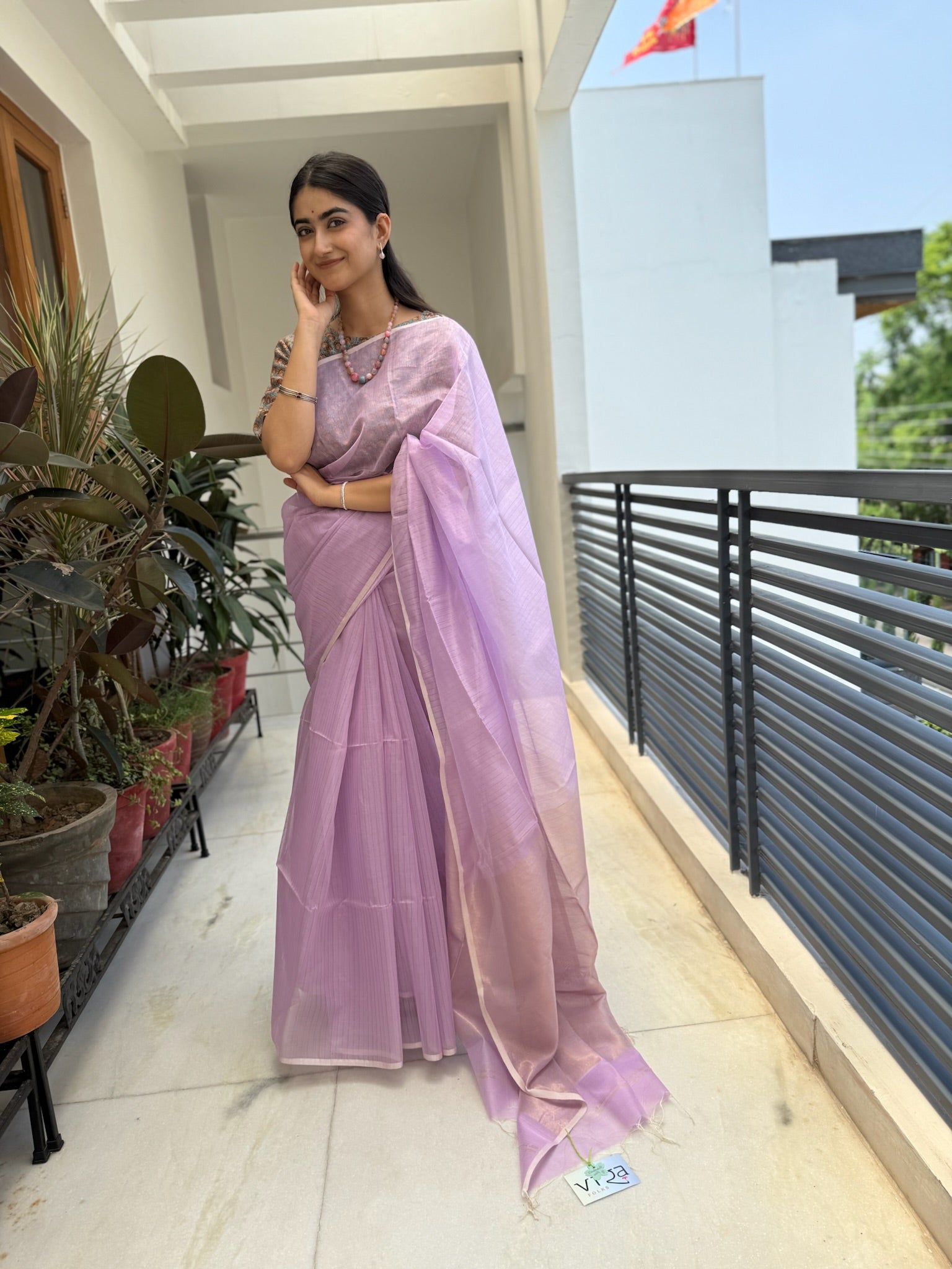 Mauve Cotton Silk Maheshwari Saree With Tissue Palla