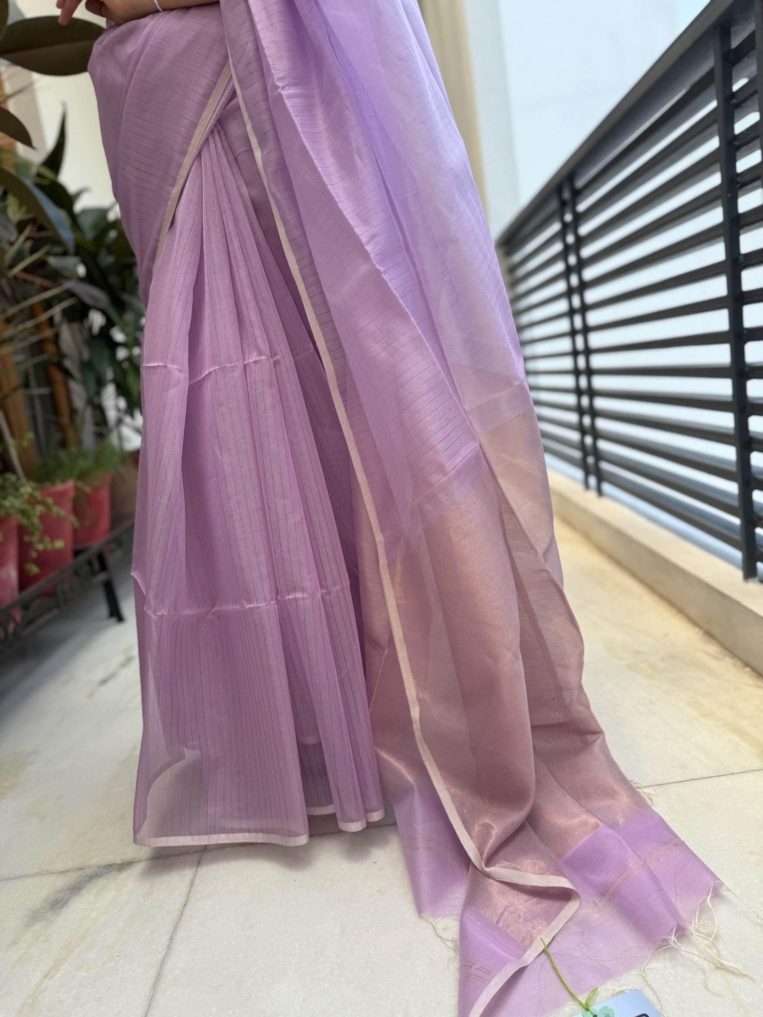 Mauve Cotton Silk Maheshwari Saree With Tissue Palla