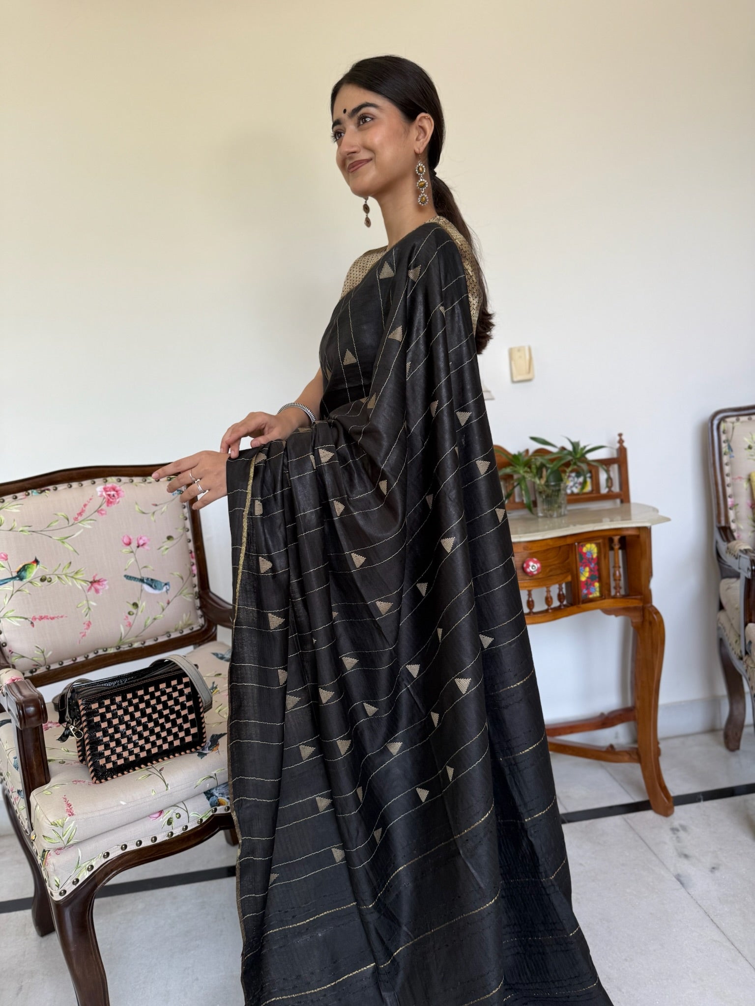 Black With Beige Motif  Semi Tussar Silk Saree