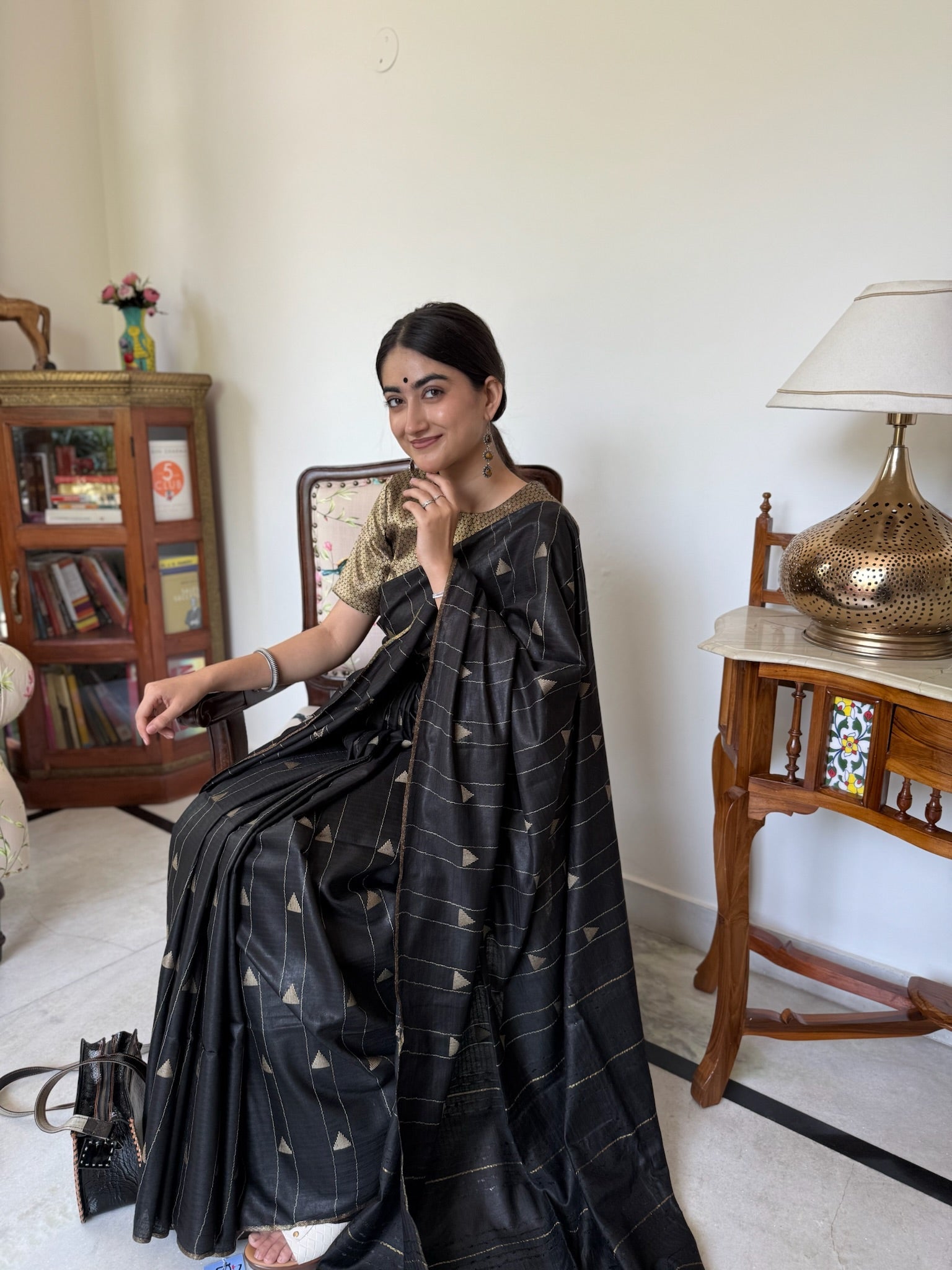 Black With Beige Motif  Semi Tussar Silk Saree