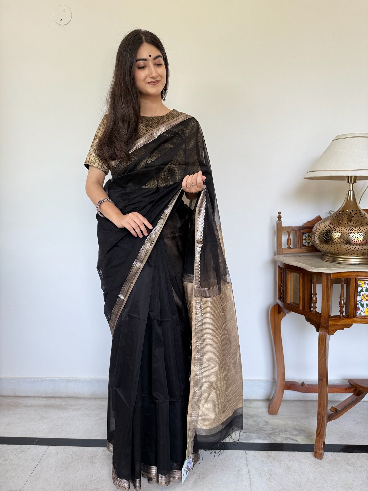 Black And Beige Cotton Silk Maheshwari Saree