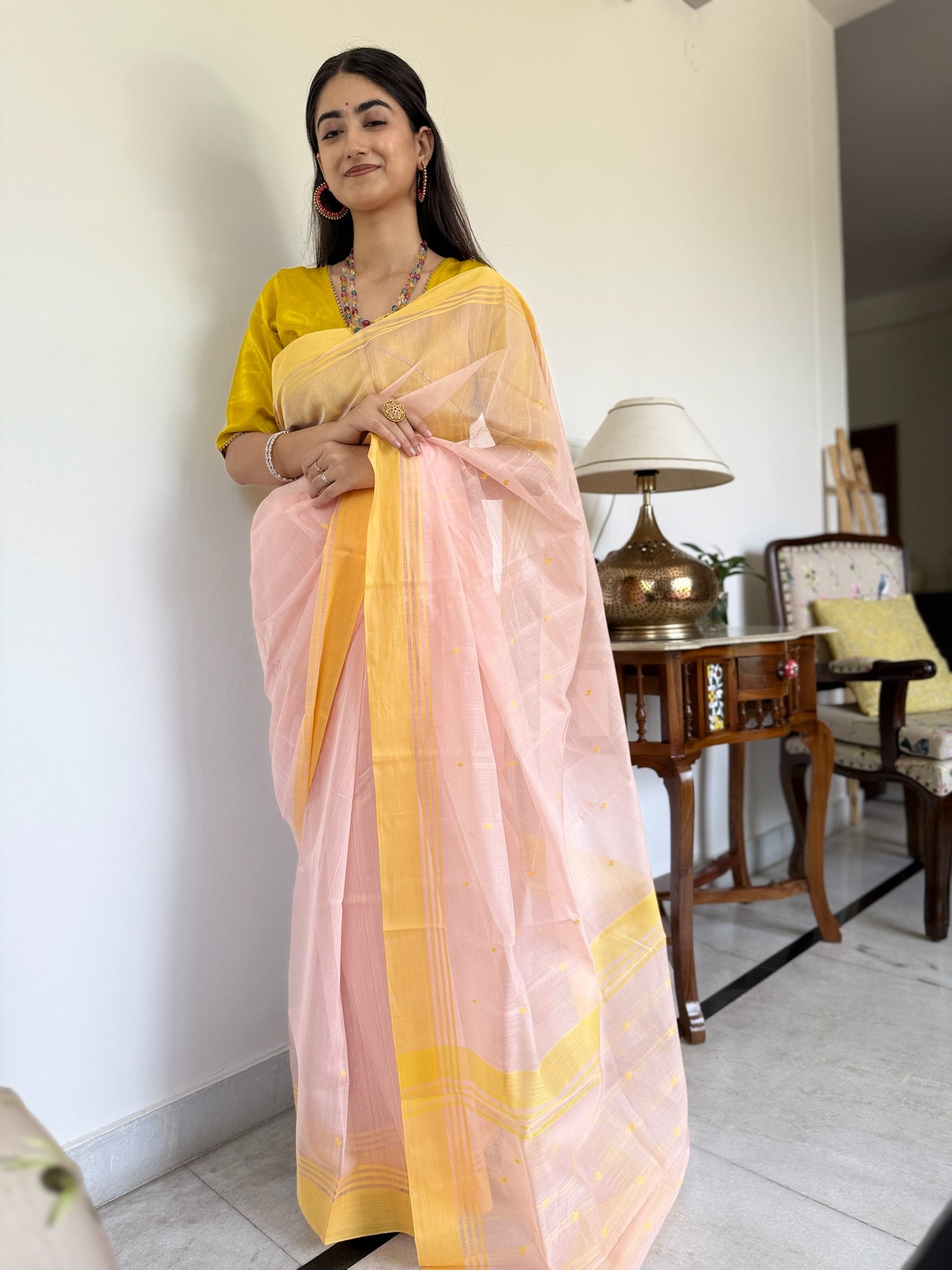 Peach Yellow Traditional Chanderi Cotton Saree
