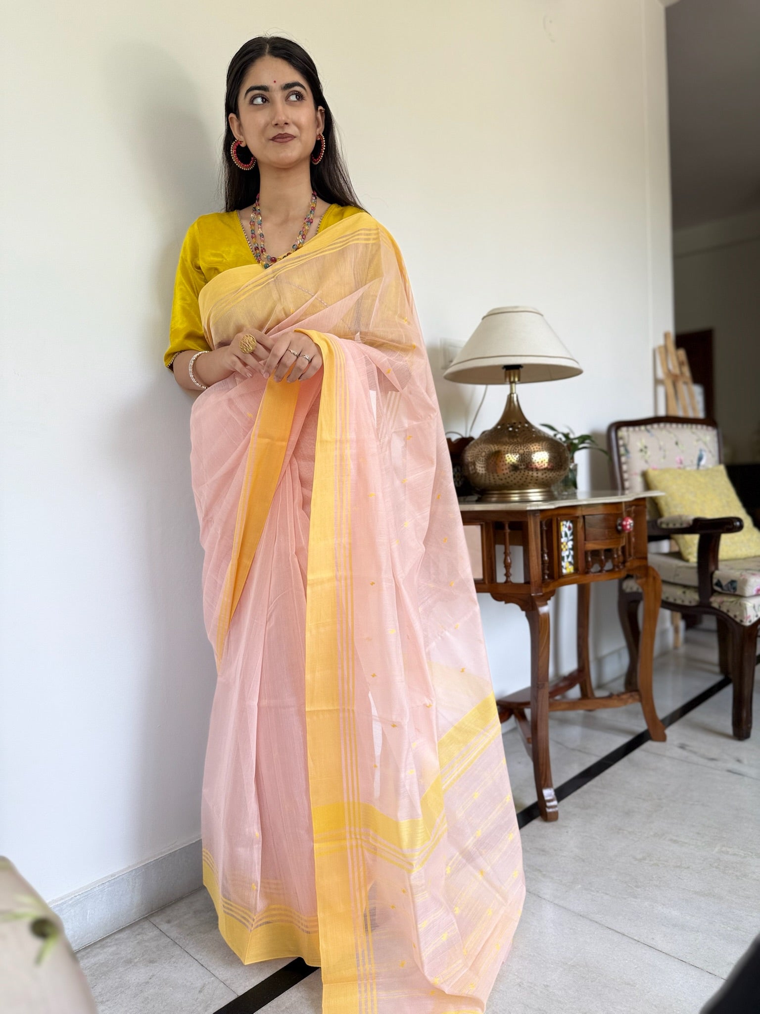 Peach Yellow Traditional Chanderi Cotton Saree