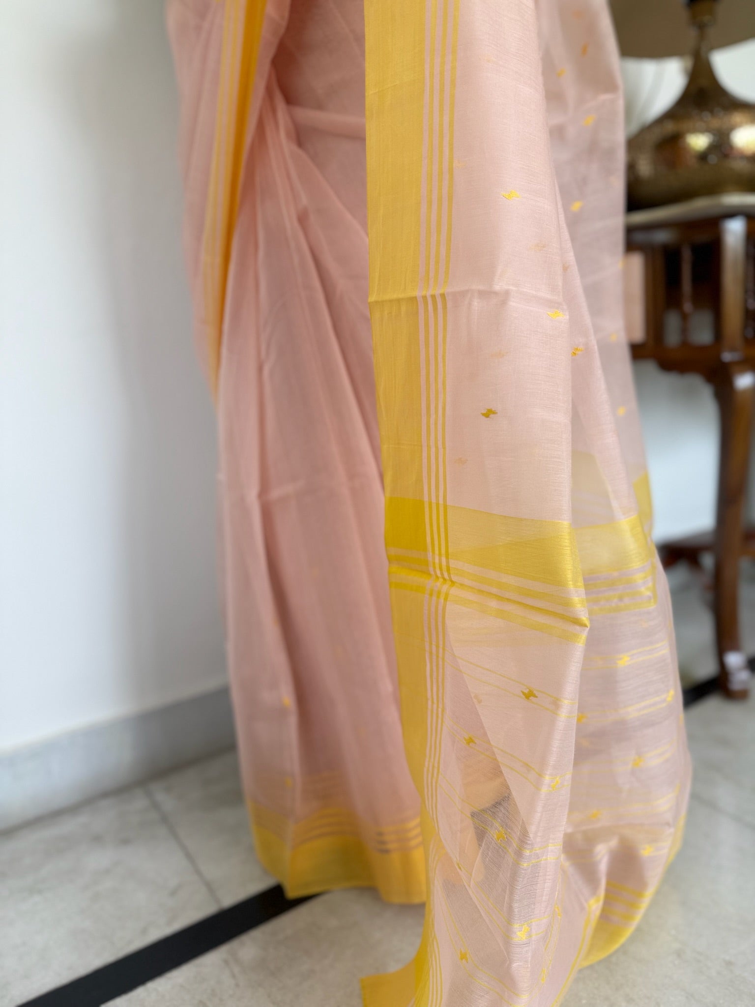 Peach Yellow Traditional Chanderi Cotton Saree