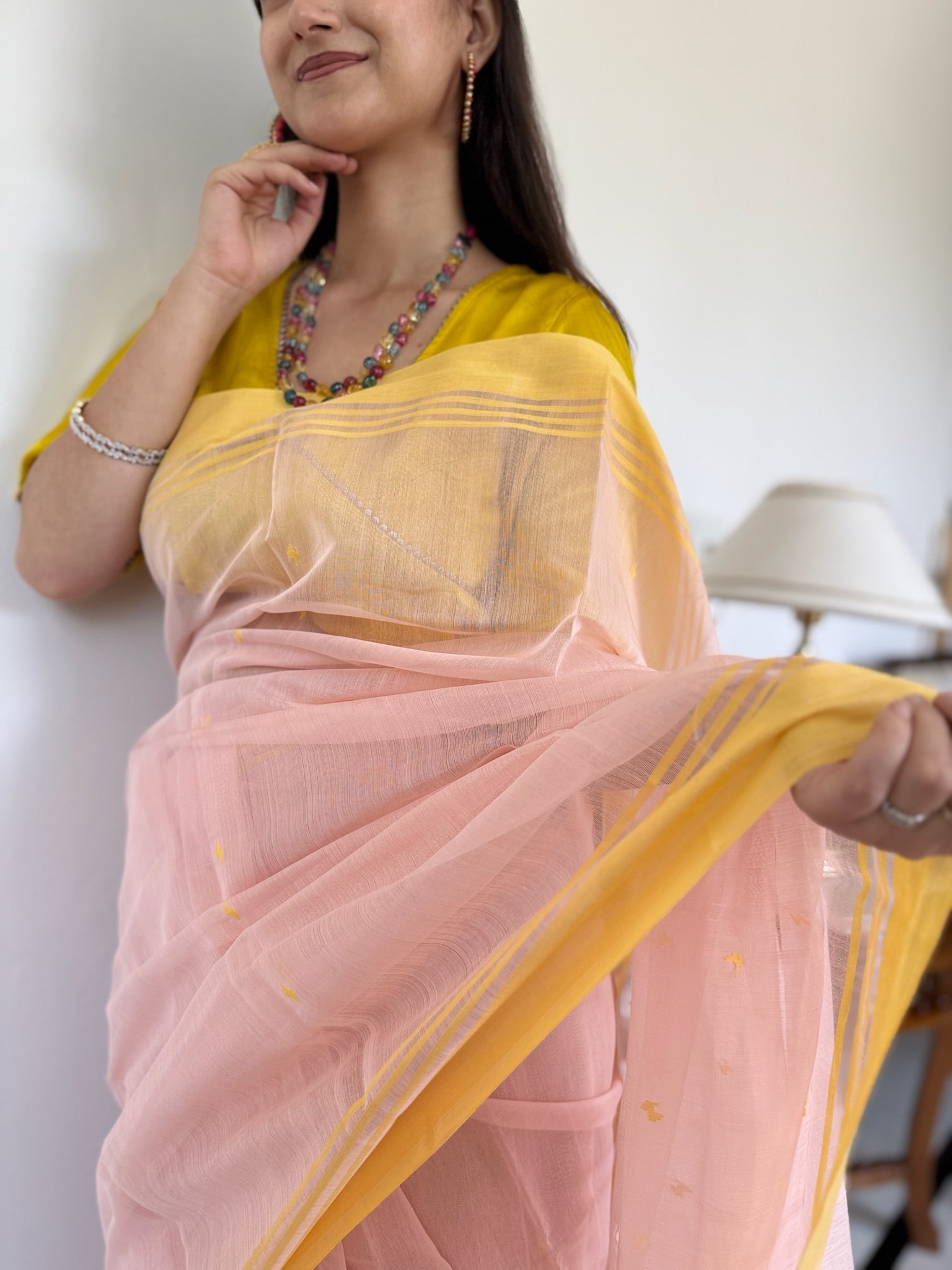 Peach Yellow Traditional Chanderi Cotton Saree
