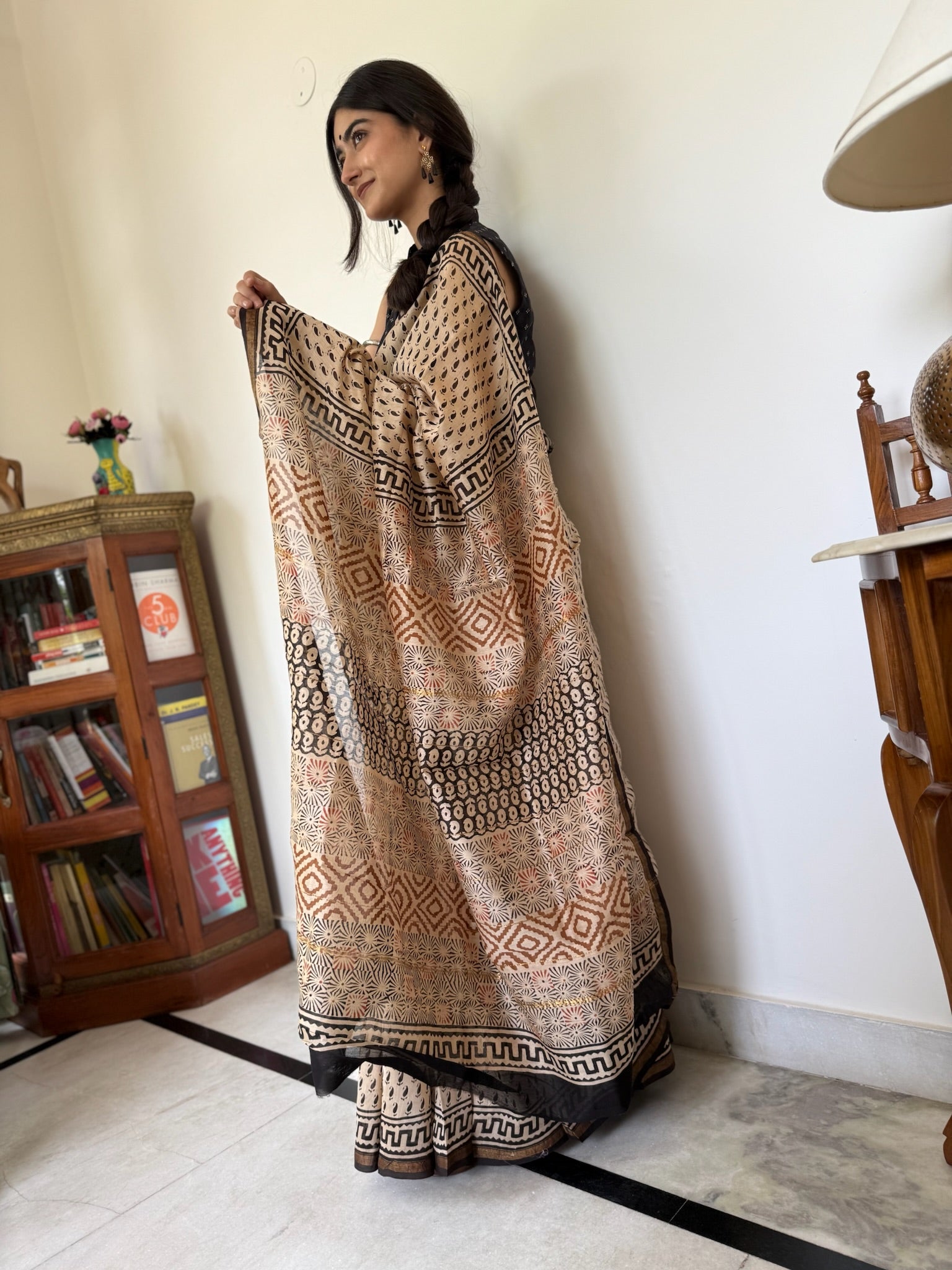 Ivory Beige Black Booti with Tribal Block Pallu Cotton  Silk Chanderi Saree